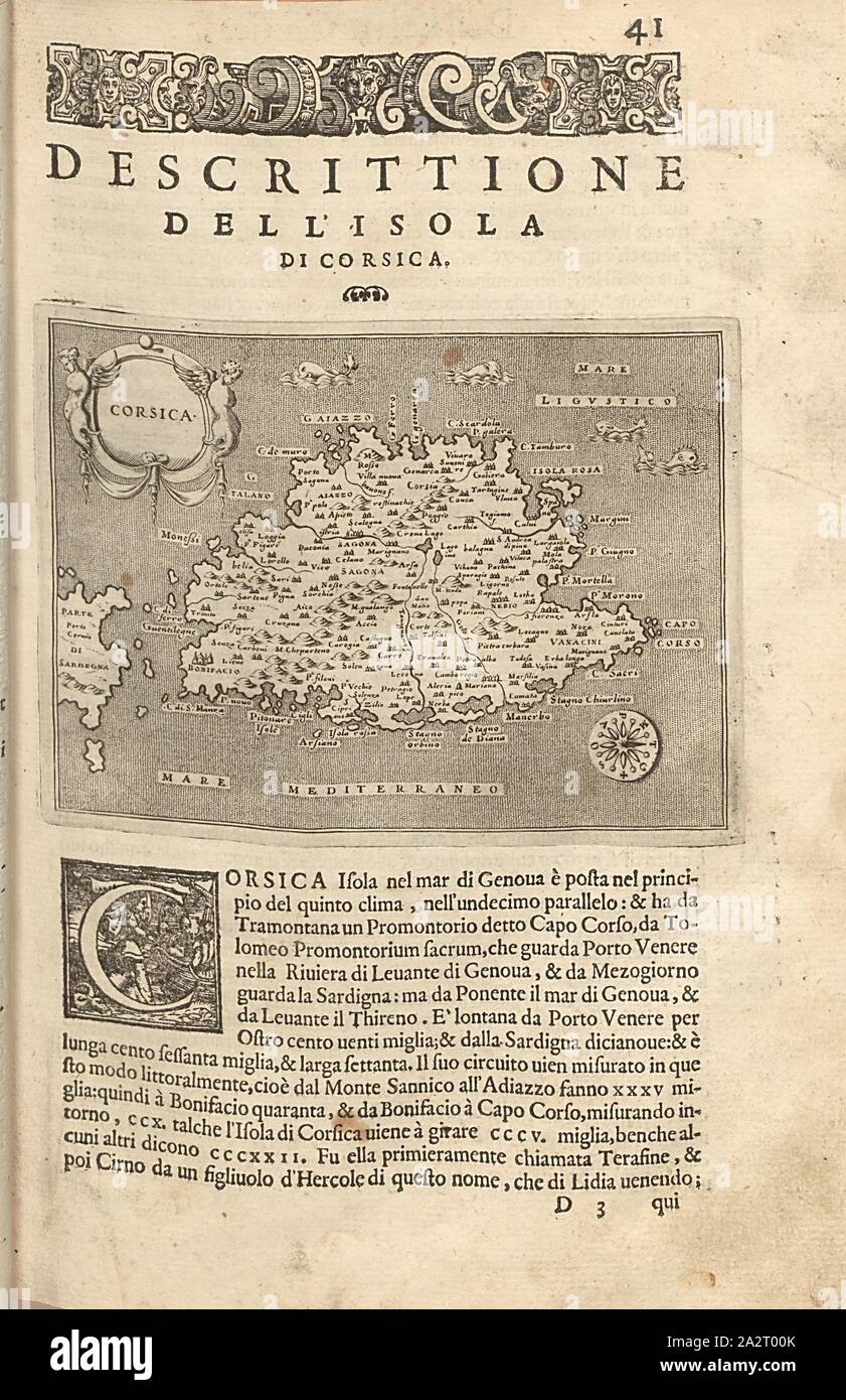 La Corsica, mappa dell'isola di Corsica, Fig. 11, p. 41, Porro, Girolamo (ill.), 1575, Thomaso Porcacchi, Girolamo Porro: L' isole piu famose del mondo. Il secondo libro. In veneto: apresso gli Heredi di Simon Galignani, 1590 Foto Stock
