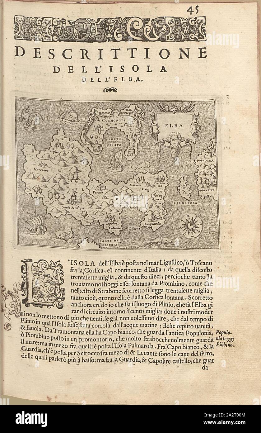 Elba, mappa dell'Isola d'Elba, Fig. 12, p. 45, Porro, Girolamo (ill.), 1575, Thomaso Porcacchi, Girolamo Porro: L' isole piu famose del mondo. Il secondo libro. In veneto: apresso gli Heredi di Simon Galignani, 1590 Foto Stock