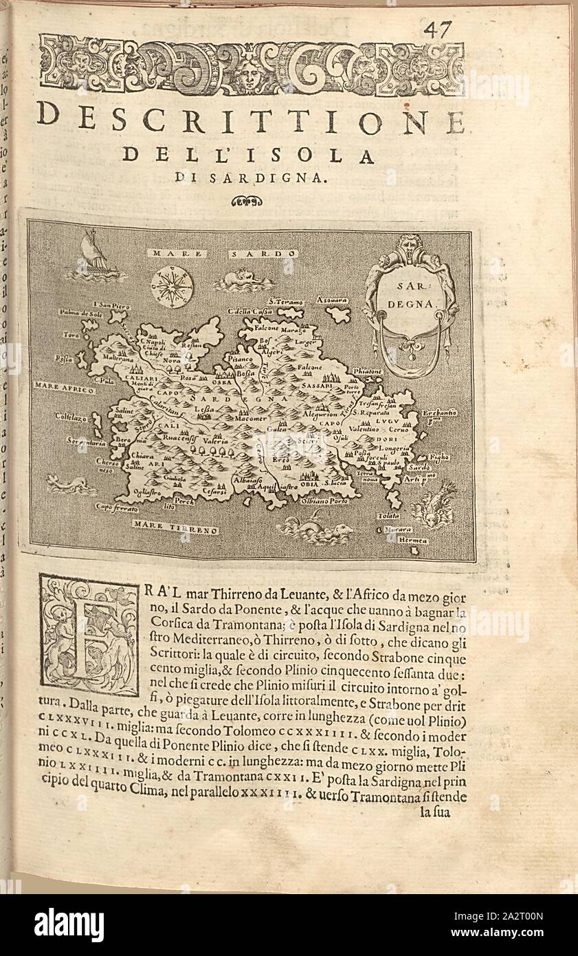 Sardegna, mappa dell'isola di Sardegna, Fig. 13, p. 47, Porro, Girolamo (ill.), 1575, Thomaso Porcacchi, Girolamo Porro: L' isole piu famose del mondo. Il secondo libro. In veneto: apresso gli Heredi di Simon Galignani, 1590 Foto Stock
