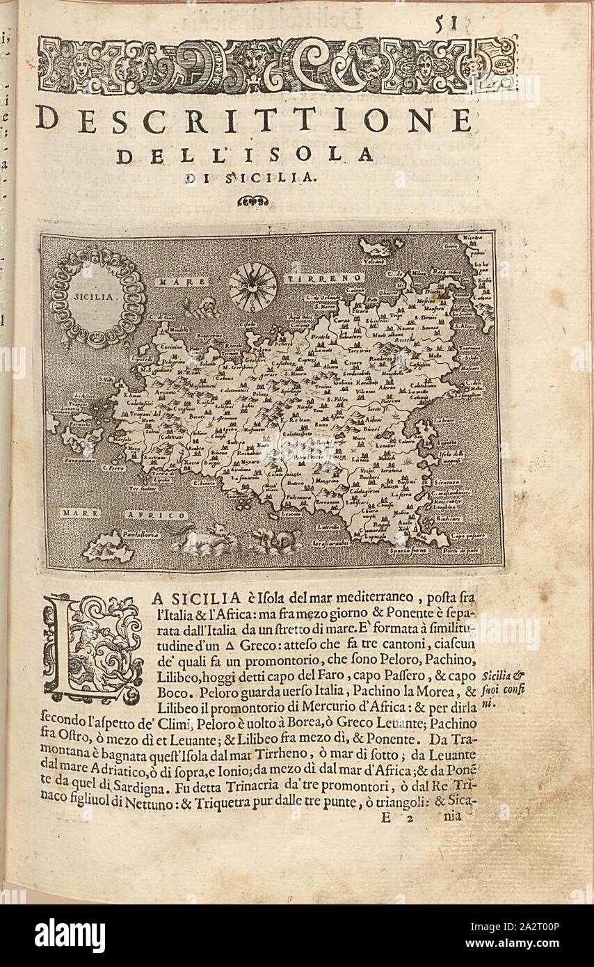 Sicilia, mappa dell'isola di Sicilia, Fig. 14, p. 51, Porro, Girolamo (ill.), 1575, Thomaso Porcacchi, Girolamo Porro: L' isole piu famose del mondo. Il secondo libro. In veneto: apresso gli Heredi di Simon Galignani, 1590 Foto Stock