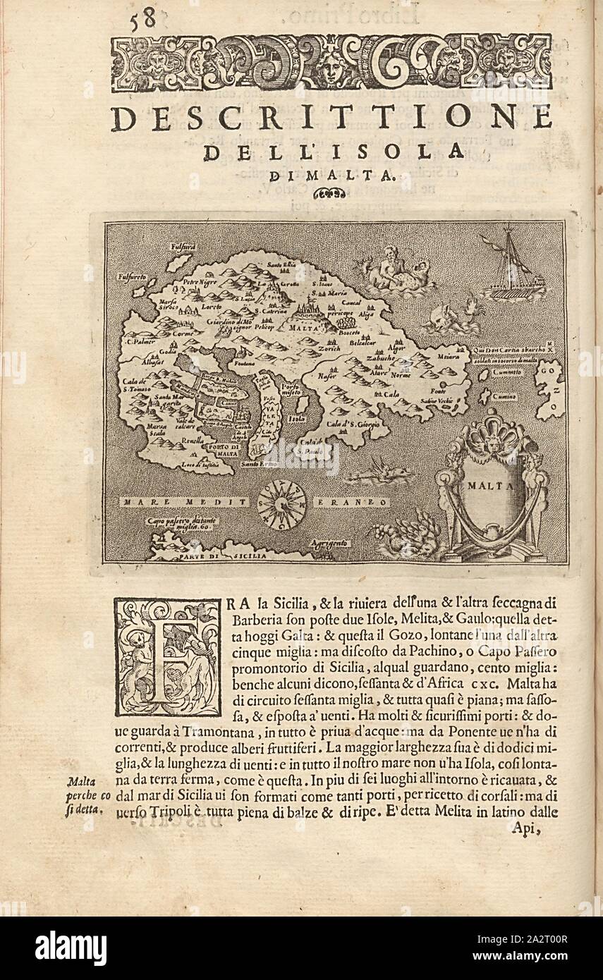 Malta, mappa dell'isola di Malta, Fig. 15, p. 58, Porro, Girolamo (ill.), 1575, Thomaso Porcacchi, Girolamo Porro: L' isole piu famose del mondo. Il secondo libro. In veneto: apresso gli Heredi di Simon Galignani, 1590 Foto Stock