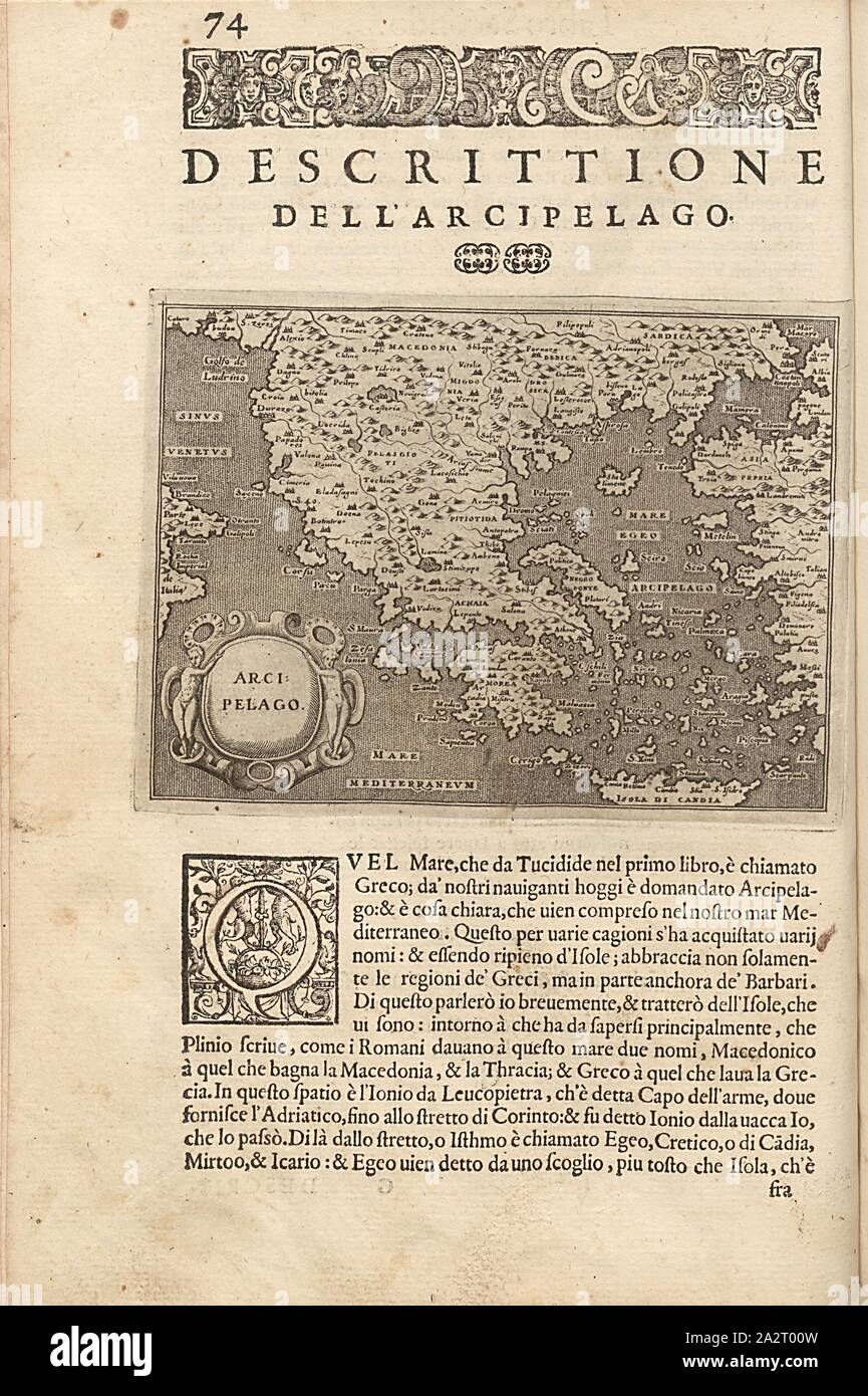 Arcipelago, Mappa di Grecia e il Mar Egeo, Fig. 17, p. 74, Porro, Girolamo (ill.), 1575, Thomaso Porcacchi, Girolamo Porro: L' isole piu famose del mondo. Il secondo libro. In veneto: apresso gli Heredi di Simon Galignani, 1590 Foto Stock