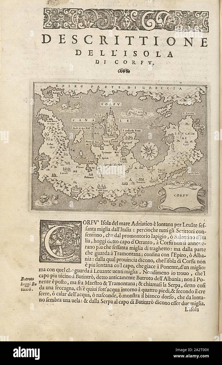 Corfù, Mappa di Isola di Corfù, Fig. 18, p. 82, Porro, Girolamo (ill.), 1575, Thomaso Porcacchi, Girolamo Porro: L' isole piu famose del mondo. Il secondo libro. In veneto: apresso gli Heredi di Simon Galignani, 1590 Foto Stock