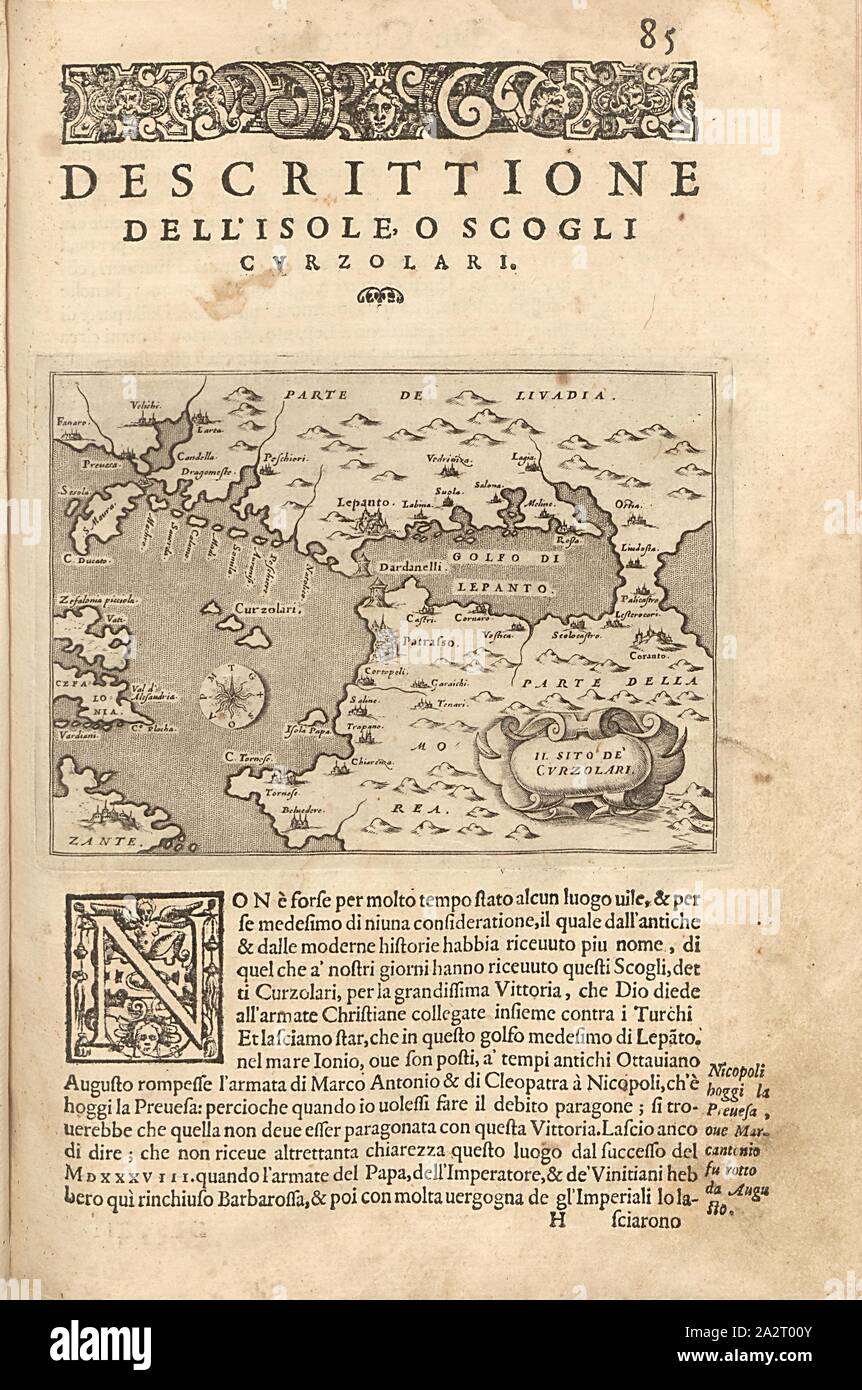 Il sito di Curzolari, Mappa di Echinades e golfo di Patrasso, Fig. 19, p. 85, Porro, Girolamo (ill.), 1575, Thomaso Porcacchi, Girolamo Porro: L' isole piu famose del mondo. Il secondo libro. In veneto: apresso gli Heredi di Simon Galignani, 1590 Foto Stock
