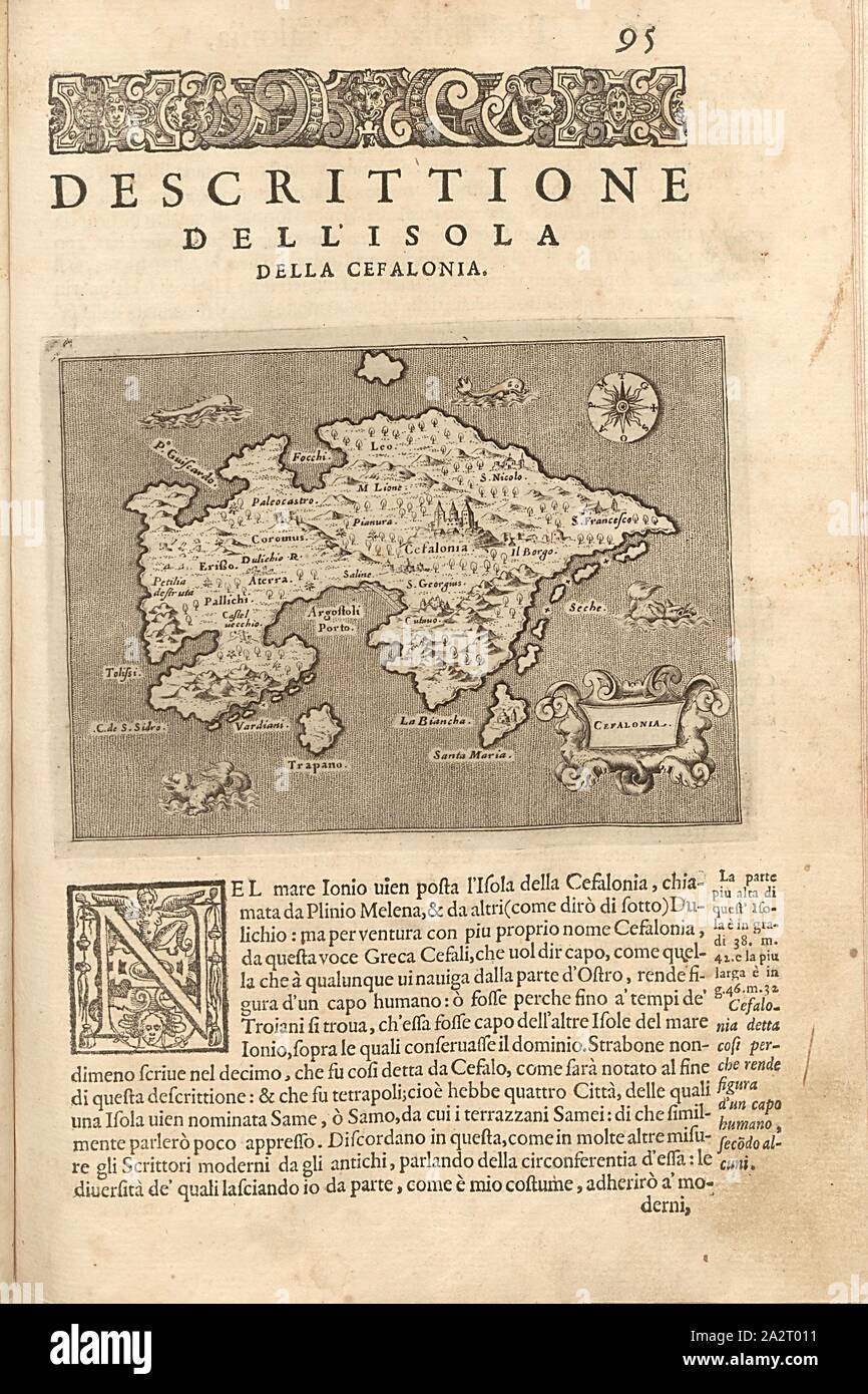 Cefalonia, mappa dell'isola di Kefalonia, Fig. 21, p. 95, Porro, Girolamo (ill.), 1575, Thomaso Porcacchi, Girolamo Porro: L' isole piu famose del mondo. Il secondo libro. In veneto: apresso gli Heredi di Simon Galignani, 1590 Foto Stock