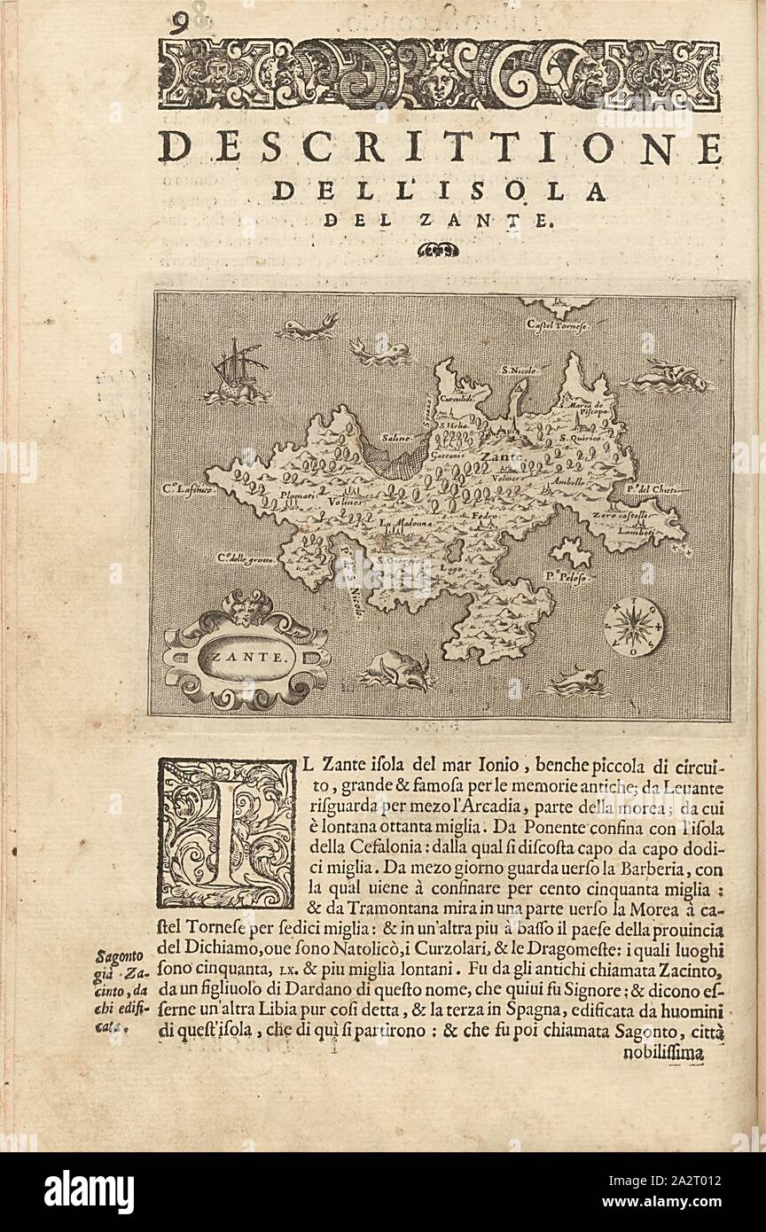 Zante, mappa dell'isola di Zante, Fig. 22, p. 98, Porro, Girolamo (ill.), 1575, Thomaso Porcacchi, Girolamo Porro: L' isole piu famose del mondo. Il secondo libro. In veneto: apresso gli Heredi di Simon Galignani, 1590 Foto Stock