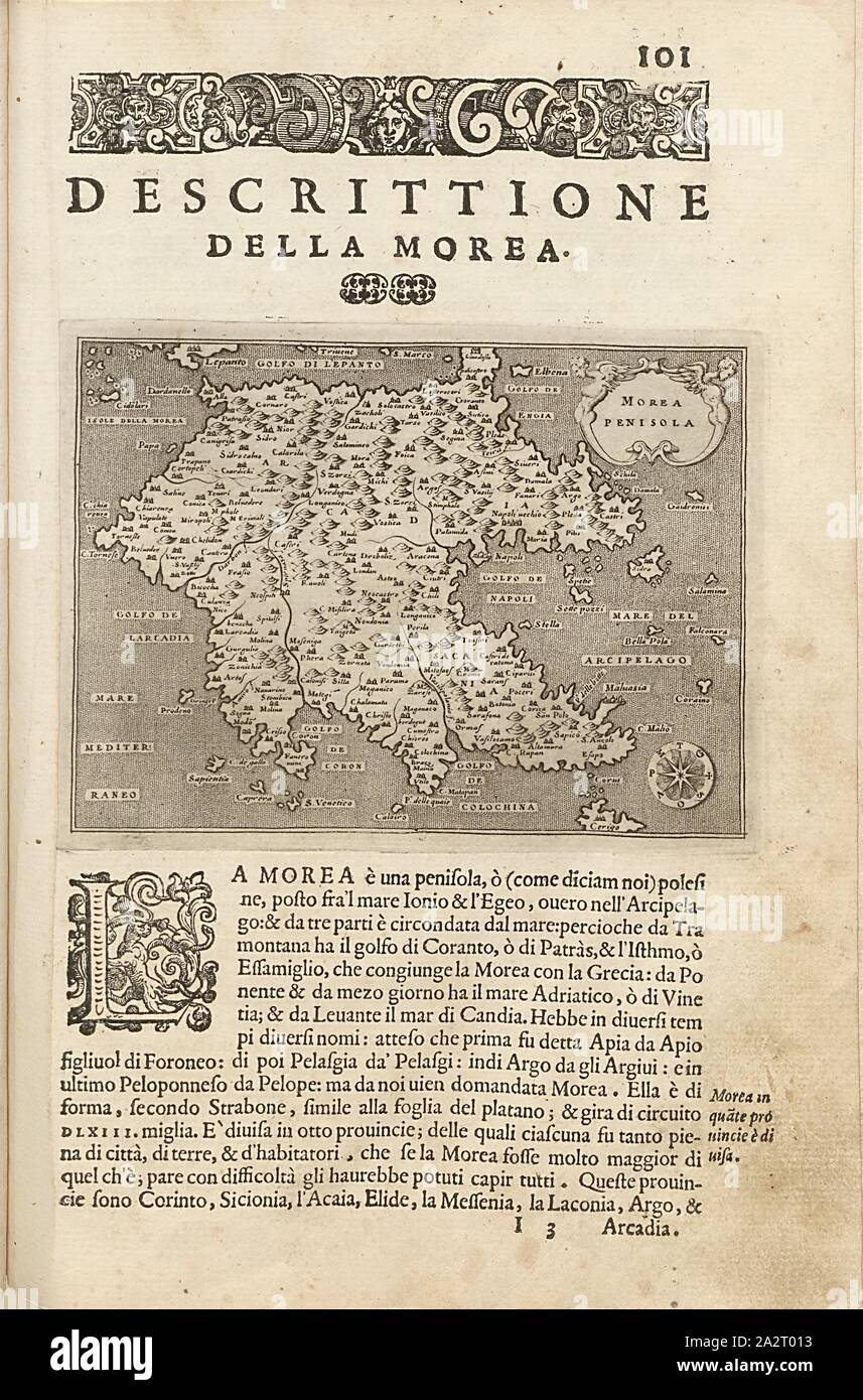 Penisola coreana, mappa della penisola del Peloponneso, Fig. 23, p. 101, Porro, Girolamo (ill.), 1575, Thomaso Porcacchi, Girolamo Porro: L' isole piu famose del mondo. Il secondo libro. In veneto: apresso gli Heredi di Simon Galignani, 1590 Foto Stock