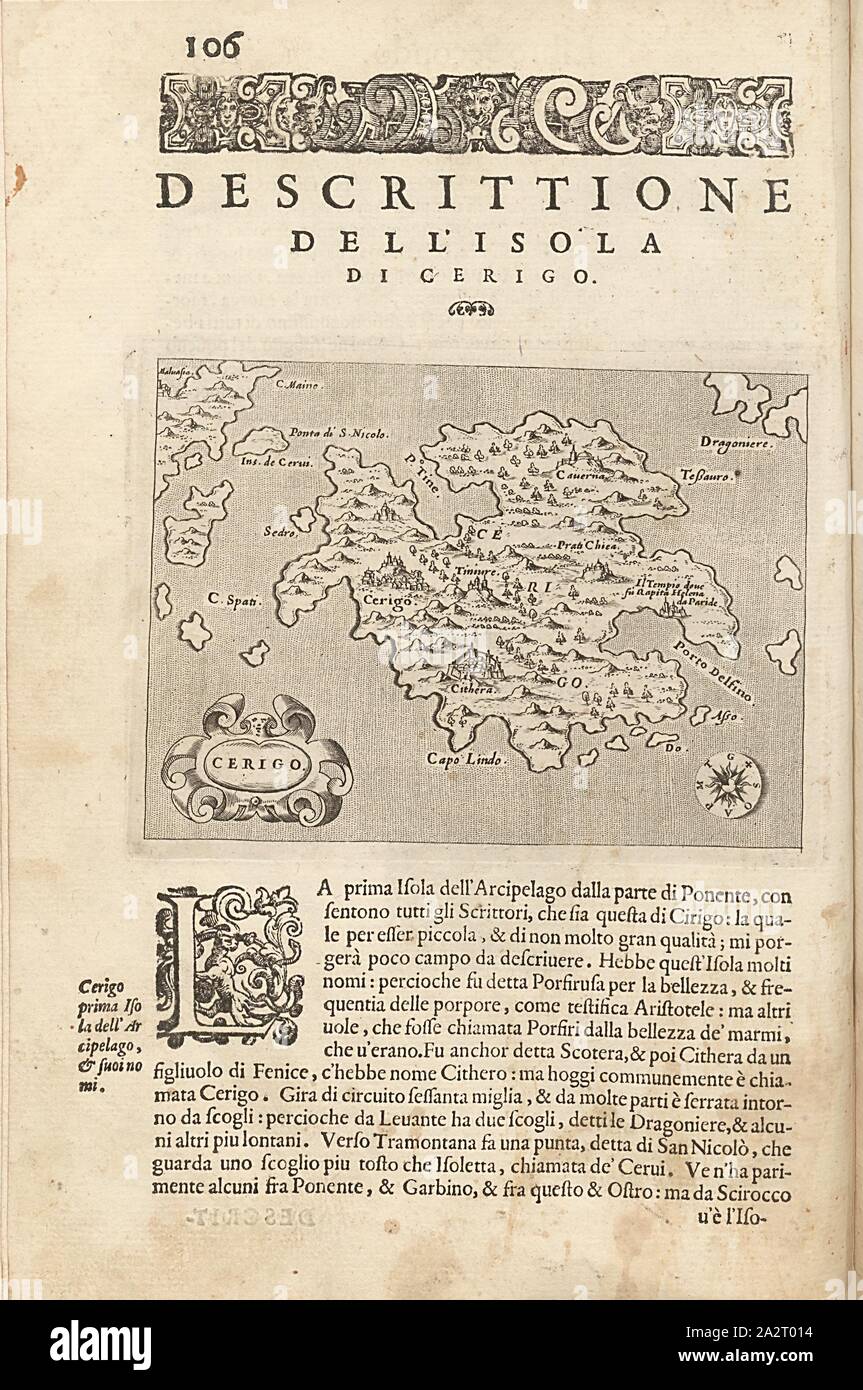 Cerigo, mappa dell'isola di Citera, Fig. 24, p. 106, Porro, Girolamo (ill.), 1575, Thomaso Porcacchi, Girolamo Porro: L' isole piu famose del mondo. Il secondo libro. In veneto: apresso gli Heredi di Simon Galignani, 1590 Foto Stock