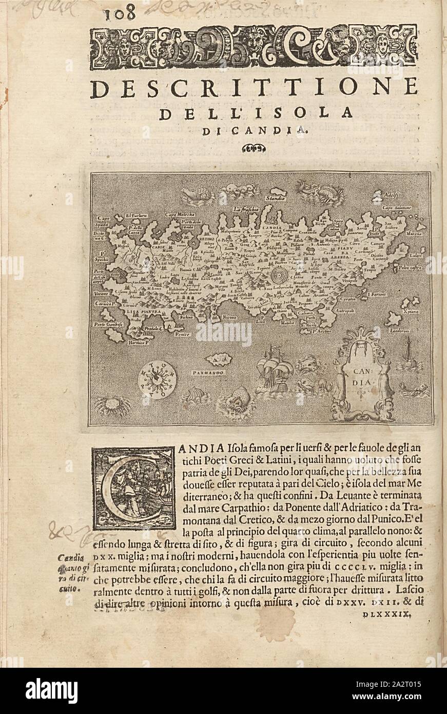 Candia, mappa dell'isola di Creta, Fig. 25, p. 108, Porro, Girolamo (ill.), 1575, Thomaso Porcacchi, Girolamo Porro: L' isole piu famose del mondo. Il secondo libro. In veneto: apresso gli Heredi di Simon Galignani, 1590 Foto Stock