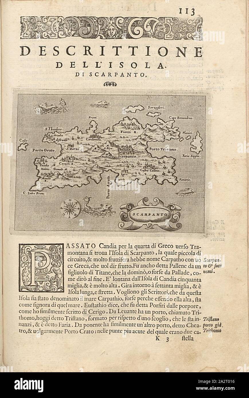 Karpathos, mappa dell'isola di Karpathos, Fig. 28, p. 113, Porro, Girolamo (ill.), 1575, Thomaso Porcacchi, Girolamo Porro: L' isole piu famose del mondo. Il secondo libro. In veneto: apresso gli Heredi di Simon Galignani, 1590 Foto Stock
