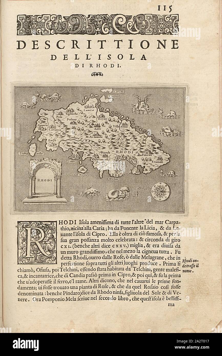 Rhodes, mappa dell'isola di Rodi, Fig. 27, p. 115, Porro, Girolamo (ill.), 1575, Thomaso Porcacchi, Girolamo Porro: L' isole piu famose del mondo. Il secondo libro. In veneto: apresso gli Heredi di Simon Galignani, 1590 Foto Stock