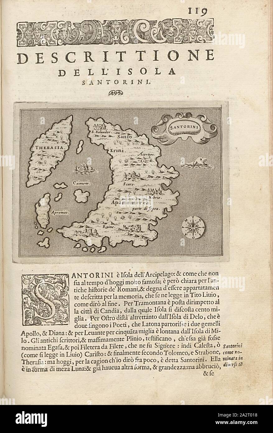 Santorini, mappa delle isole di Santorini, Fig. 28, p. 119, Porro, Girolamo (ill.), 1575, Thomaso Porcacchi, Girolamo Porro: L' isole piu famose del mondo. Il secondo libro. In veneto: apresso gli Heredi di Simon Galignani, 1590 Foto Stock