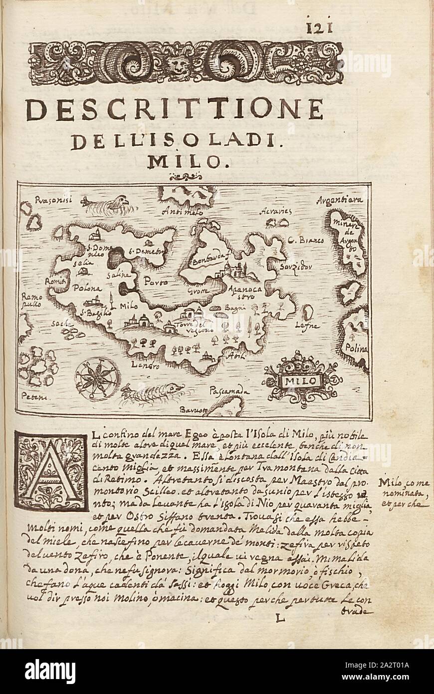 Milo, mappa dell'isola di Milos, Fig. 29, p. 121, Porro, Girolamo (ill.), 1575, Thomaso Porcacchi, Girolamo Porro: L' isole piu famose del mondo. Il secondo libro. In veneto: apresso gli Heredi di Simon Galignani, 1590 Foto Stock