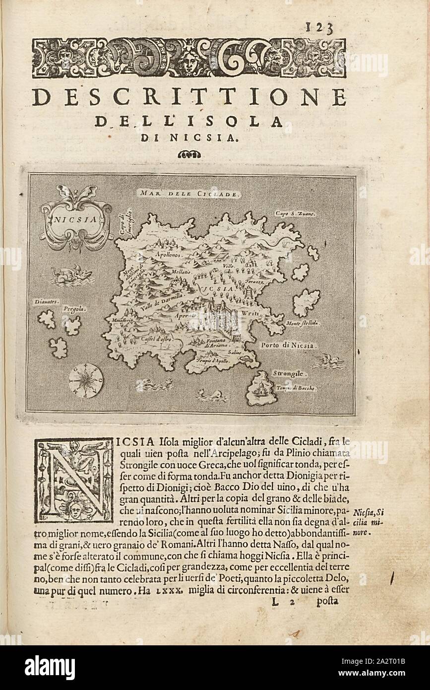Nicosia, mappa dell'isola di Naxos, Fig. 30, p. 123, Porro, Girolamo (ill.), 1575, Thomaso Porcacchi, Girolamo Porro: L' isole piu famose del mondo. Il secondo libro. In veneto: apresso gli Heredi di Simon Galignani, 1590 Foto Stock