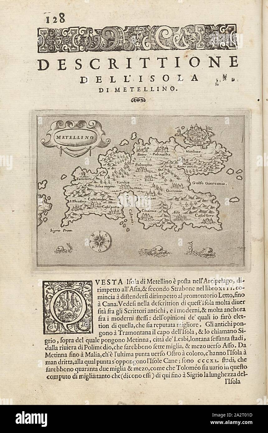 Mettelino, mappa dell'isola di Lesbo, Fig. 33, p. 128, Porro, Girolamo (ill.), 1575, Thomaso Porcacchi, Girolamo Porro: L' isole piu famose del mondo. Il secondo libro. In veneto: apresso gli Heredi di Simon Galignani, 1590 Foto Stock