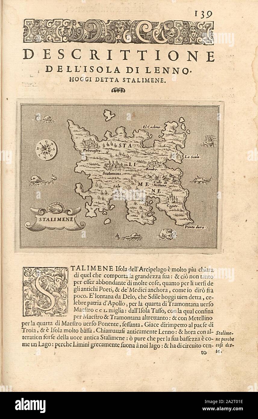 STalimene, mappa dell'isola di Limnos, Fig. 33, p. 139, Porro, Girolamo (ill.), 1575, Thomaso Porcacchi, Girolamo Porro: L' isole piu famose del mondo. Il secondo libro. In veneto: apresso gli Heredi di Simon Galignani, 1590 Foto Stock