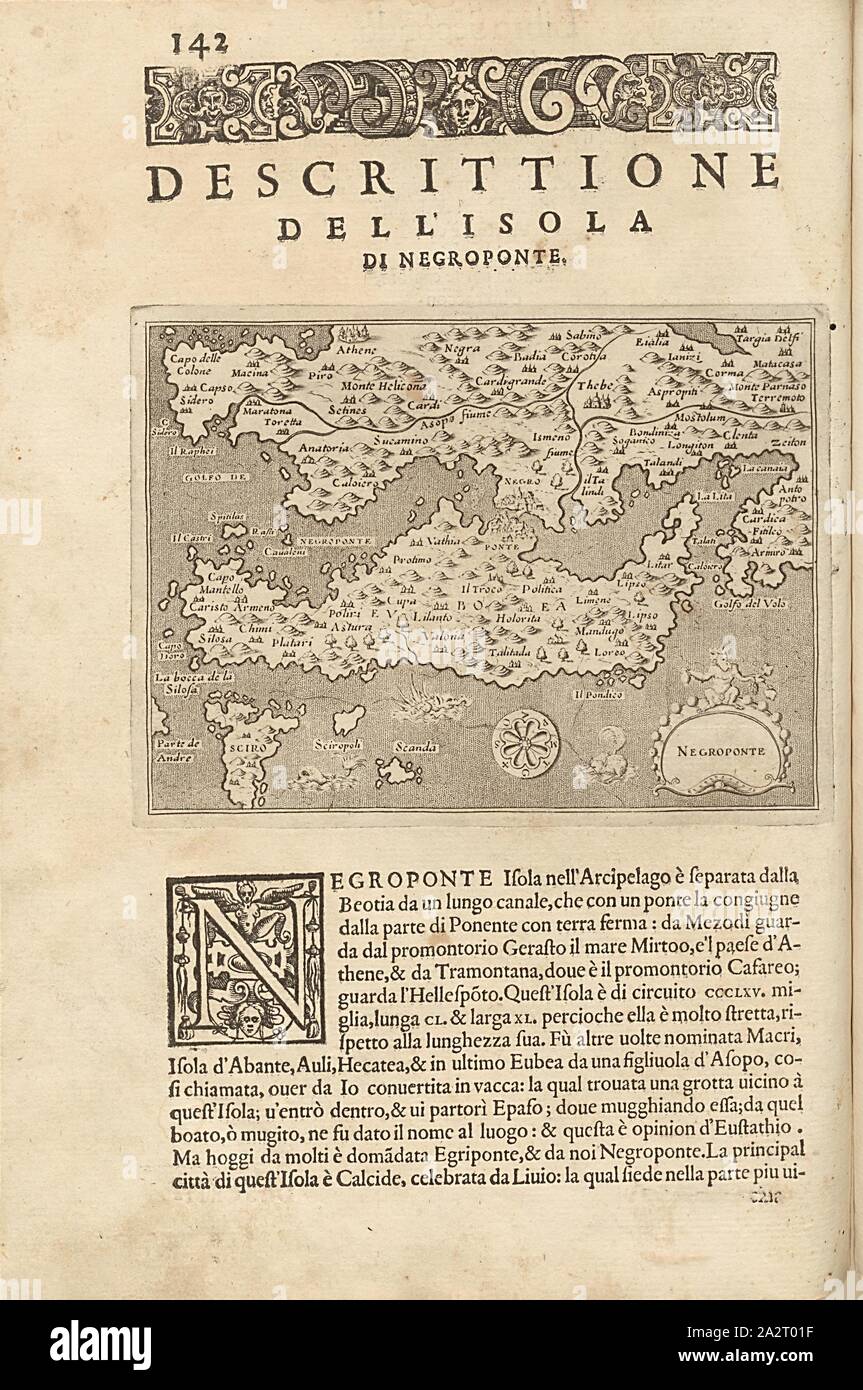 Blackponte, mappa dell'isola di Eubea, Fig. 34, p. 142, Porro, Girolamo (ill.), 1575, Thomaso Porcacchi, Girolamo Porro: L' isole piu famose del mondo. Il secondo libro. In veneto: apresso gli Heredi di Simon Galignani, 1590 Foto Stock