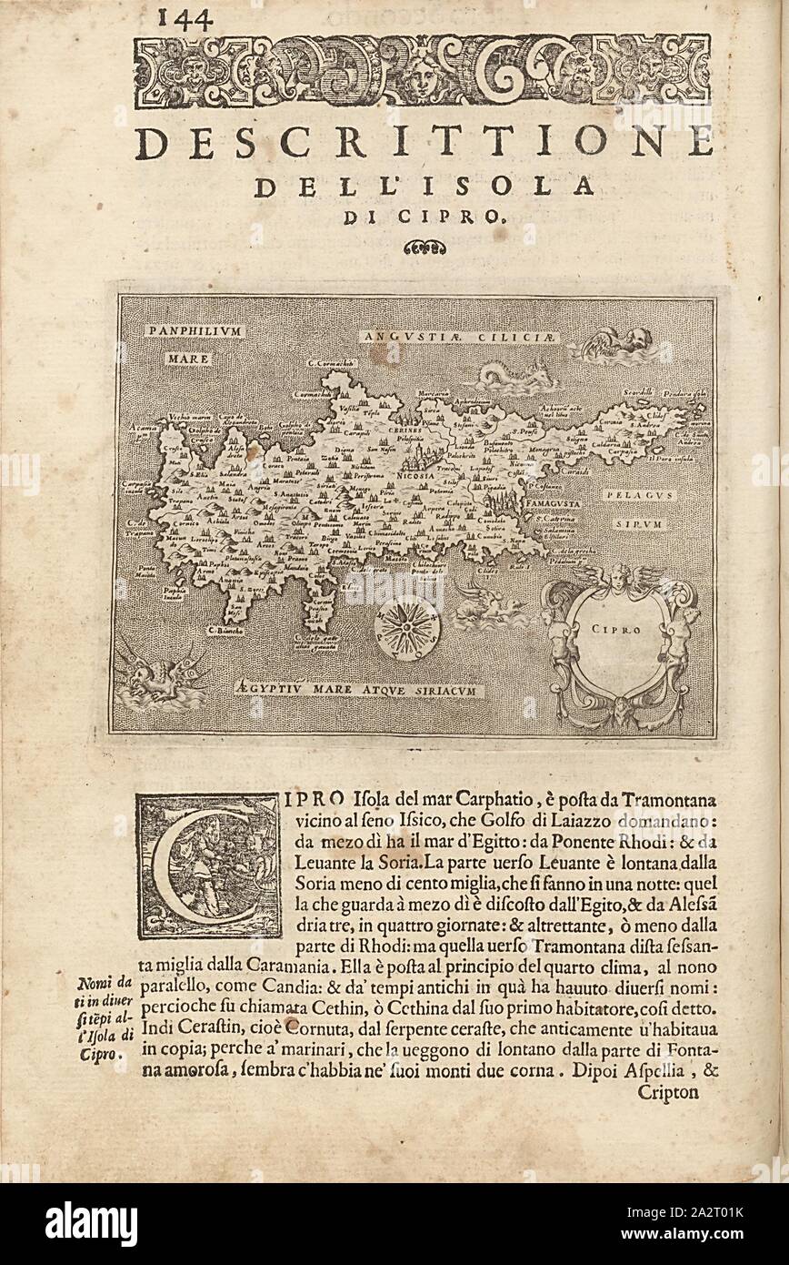 Cipro, mappa dell'isola di Cipro, Fig. 25, p. 144, Porro, Girolamo (ill.), 1575, Thomaso Porcacchi, Girolamo Porro: L' isole piu famose del mondo. Il secondo libro. In veneto: apresso gli Heredi di Simon Galignani, 1590 Foto Stock