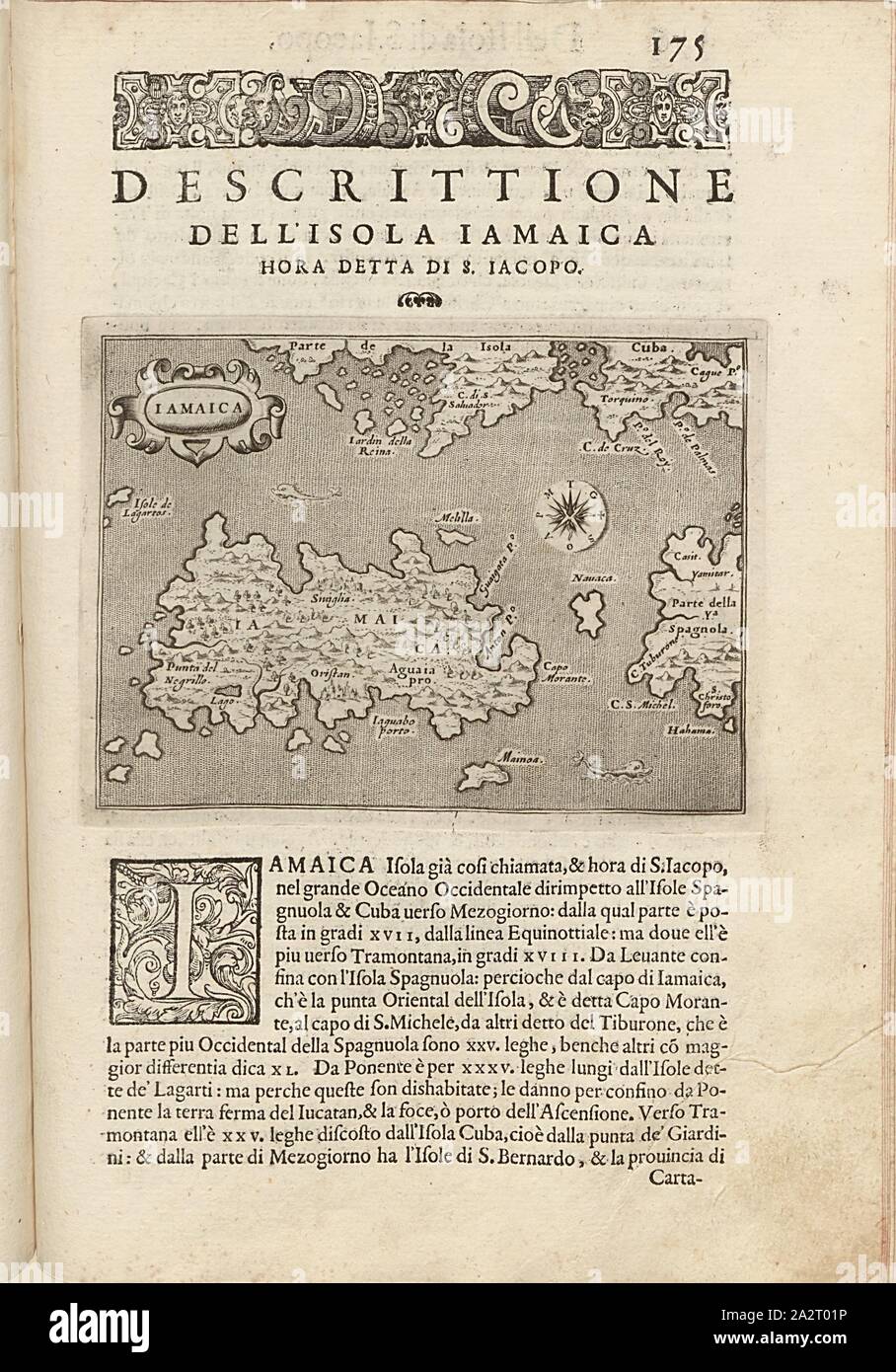 Giamaica, mappa dell'isola di Giamaica, Fig. 40, p. 175, Porro, Girolamo (ill.), 1575, Thomaso Porcacchi, Girolamo Porro: L' isole piu famose del mondo. Il secondo libro. In veneto: apresso gli Heredi di Simon Galignani, 1590 Foto Stock