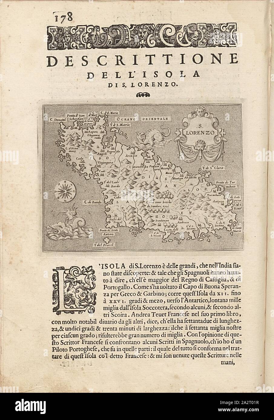 S. Lorenzo, mappa dell'isola di Madagascar, Fig. 41, p. 178, Porro, Girolamo (ill.), 1575, Thomaso Porcacchi, Girolamo Porro: L' isole piu famose del mondo. Il secondo libro. In veneto: apresso gli Heredi di Simon Galignani, 1590 Foto Stock