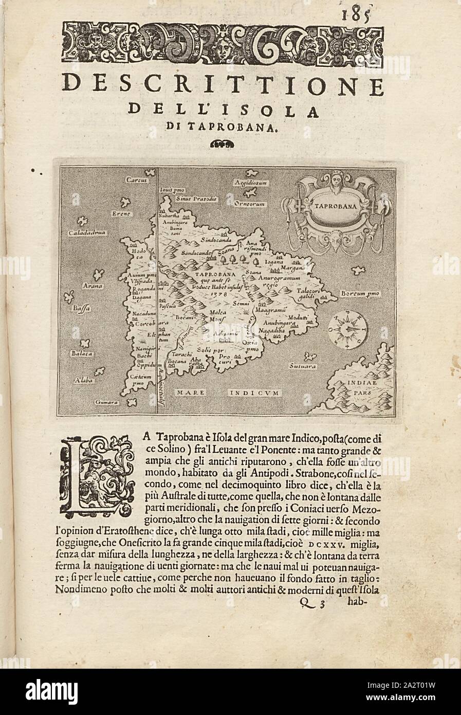 Taprobana, mappa dell'isola di Sri Lanka, Fig. 43, p. 185, Porro, Girolamo (ill.), 1575, Thomaso Porcacchi, Girolamo Porro: L' isole piu famose del mondo. Il secondo libro. In veneto: apresso gli Heredi di Simon Galignani, 1590 Foto Stock
