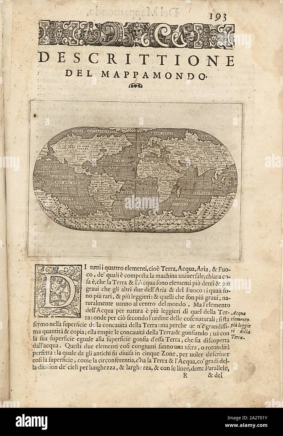 Descrittivo della mappa Mondo mappa del mondo, Fig. 45, p. 193, Porro, Girolamo (ill.), 1575, Thomaso Porcacchi, Girolamo Porro: L' isole piu famose del mondo. Il secondo libro. In veneto: apresso gli Heredi di Simon Galignani, 1590 Foto Stock