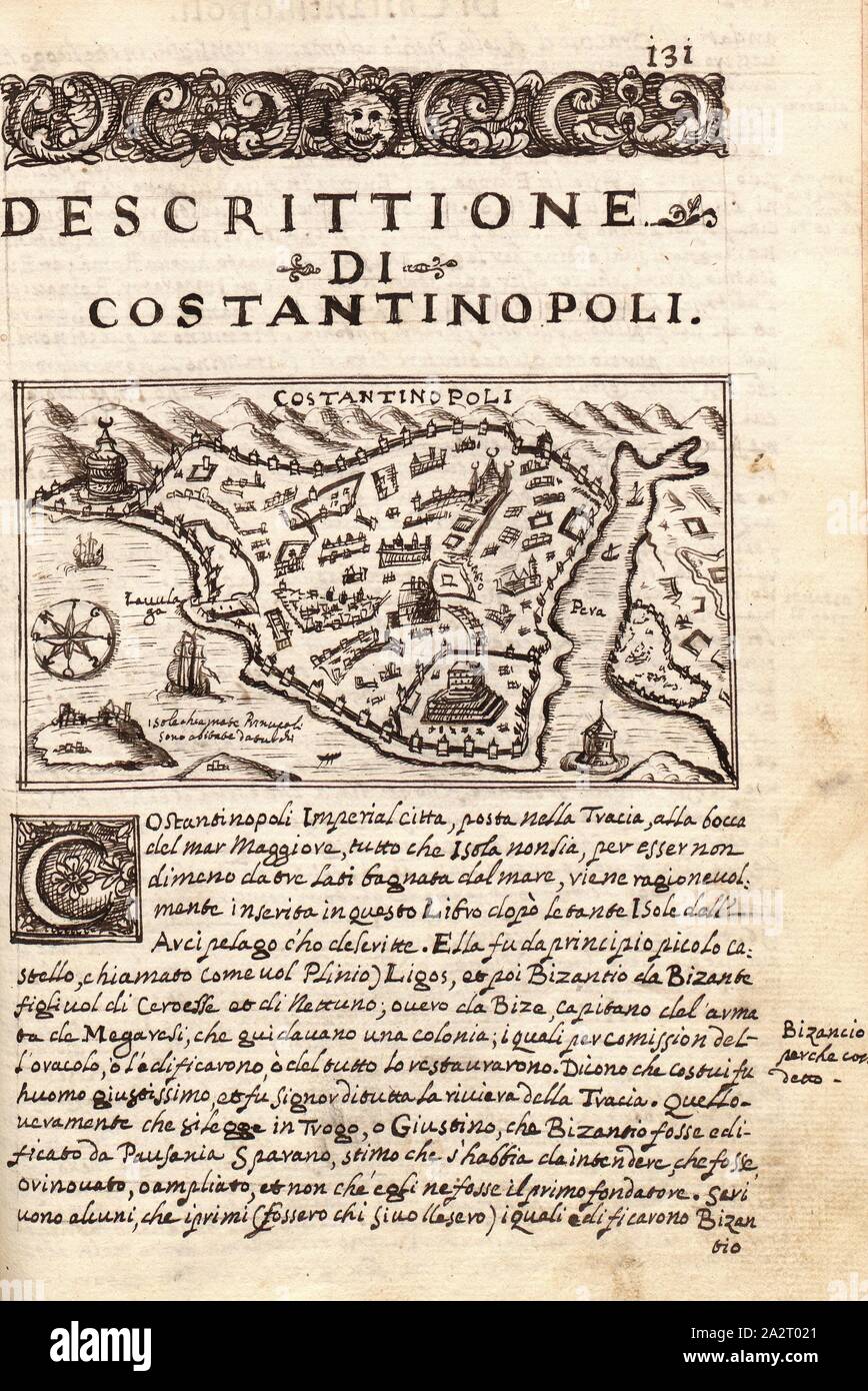 Descrizione di Costantinopoli 1, pagine 130 e 131 da Thomaso Porcacchi L 'isole piu famos del mondo" con una mappa schematica di Costantinopoli dal XVI secolo, Fig. 1, p. 130 & 131, Porro, Girolamo (ill.), 1590, Thomaso Porcacchi, Girolamo Porro: L' isole piu famose del mondo. Il secondo libro. In veneto: apresso gli Heredi di Simon Galignani, 1590 Foto Stock