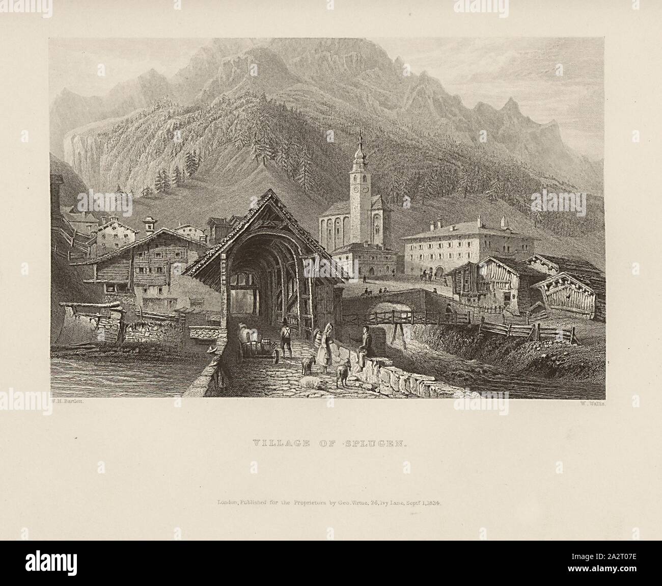 Villaggio di Splugen, vista di Splügen, firmato: W. H. Bartlett, W. Wallis, la piastra 41, dopo p. 88 (Vol. 1), Bartlett, William Henry; Wallis, Robert William, 1834, William Beattie, Svizzera. Londra: virtù, 1836 Foto Stock