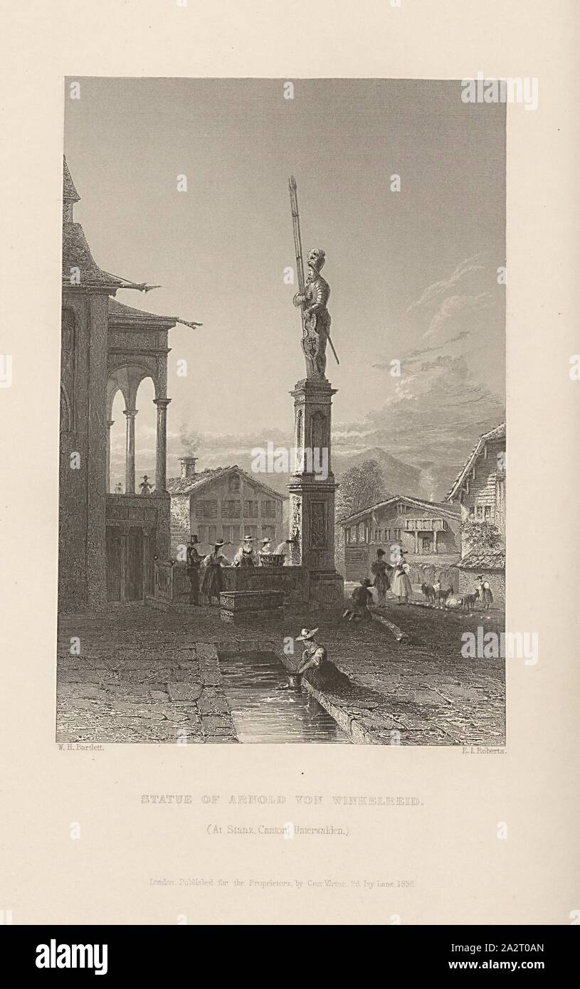 Statua di Arnold von Winkelreid. (A Stanz, Canton Untervaldo), Arnold Winkelried Statua di Stans, firmato: W.H. Bartlett, R. Wallis, la piastra 30, dopo p. 120 (vol. 2), Bartlett, William Henry; Wallis, Robert William, 1836, William Beattie, Svizzera. Londra: virtù, 1836 Foto Stock