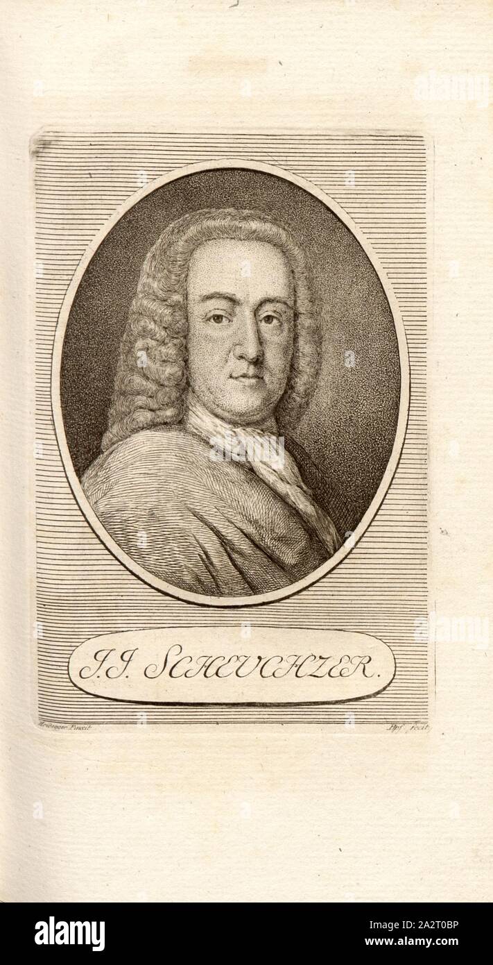 J.J. Scheuchzer, Ritratto Johann Jacob Scheuchzer (anche Johann Jakob Scheuchzer), firmato: Heidegger Pinxit; Hpf fecit, TAF. 9, dopo p. 46, Heidegger (pinx.); Pfenninger, Heinrich (fec.), Leonhard Meister; Heinrich Pfenninger; J. C Fäsi: Helvetiens berühmte Männer in Bildnissen. Bd. 1. Zurigo: im Verlag von Heinrich Pfenninger Mahler, 1799 Foto Stock