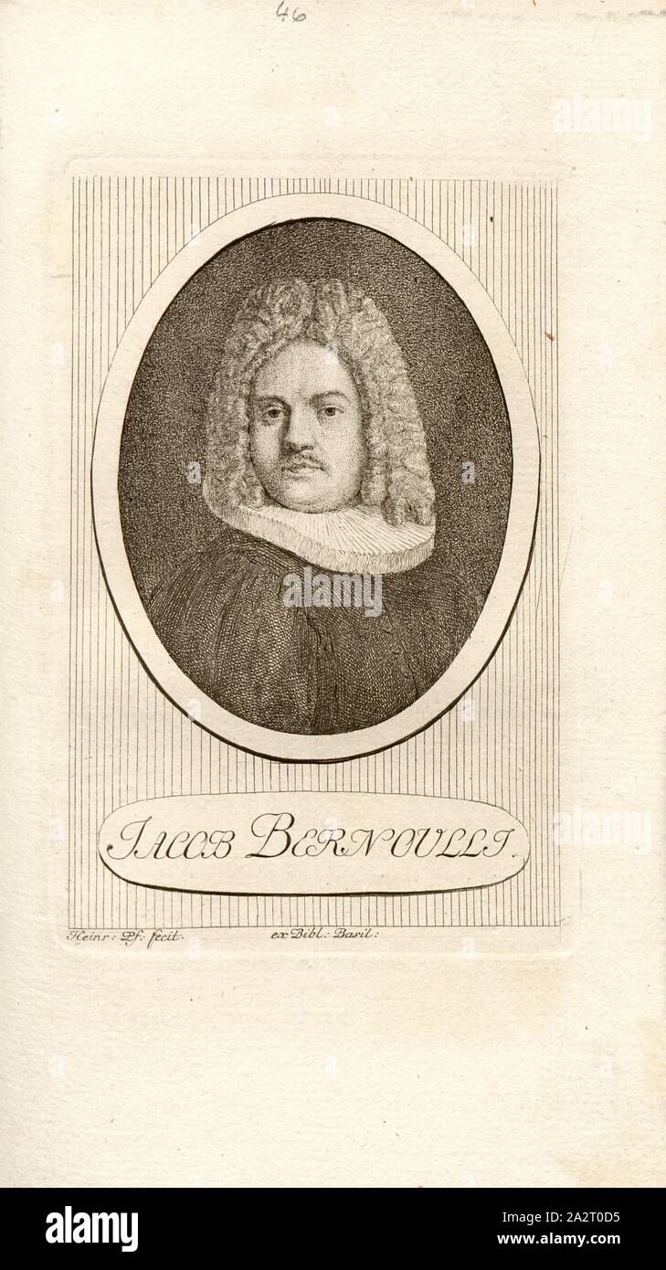 Jacob Bernoulli, Ritratto di Jacob Bernoulli (anche Jakob I. Bernoulli), firmato: Heinr., Pf. Fecit, TAF. 46, p. 292, Pfenninger, Heinrich (fec.), Leonhard Meister; Heinrich Pfenninger; J. C Fäsi: Helvetiens berühmte Männer in Bildnissen. Bd. 1. Zurigo: im Verlag von Heinrich Pfenninger Mahler, 1799 Foto Stock