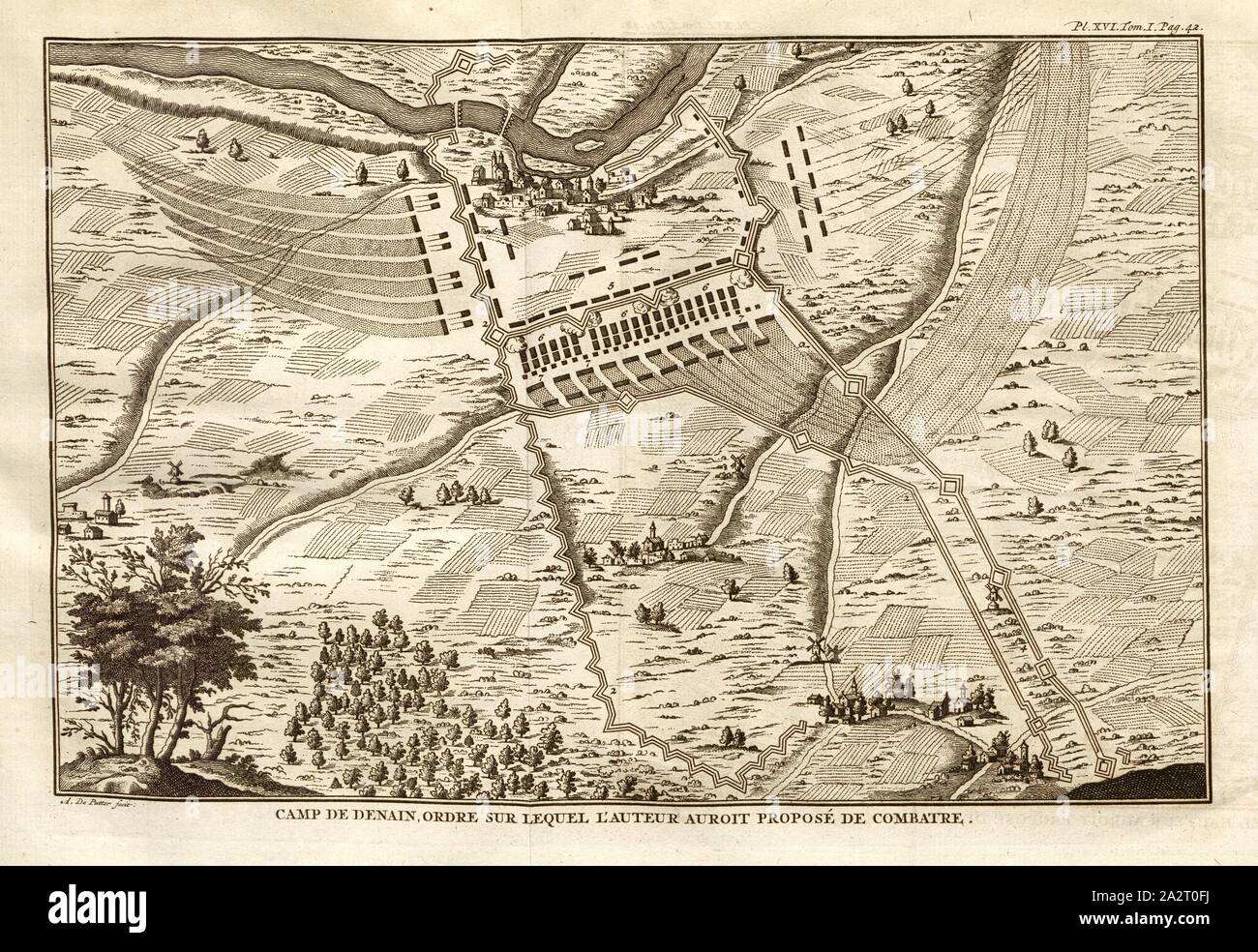 Camp de Denain, ordine sul quale l'autore avrebbe proposto di lotta, la linea di battaglia per la battaglia di Denain, come l'autore avrebbe suggerito, firmato: A. De Putter fecit, Pl. XVI, Tom., I, PAG. 42, dopo p. 42, putter, A. de (fec.);, 1774, Polibio; Vincent Thuillier; Jean Charles de Folard: Histoire de Polybe. Tome 1; Amsterdam: Arkstée et Merkus, MDCCLXXIV [1774 Foto Stock