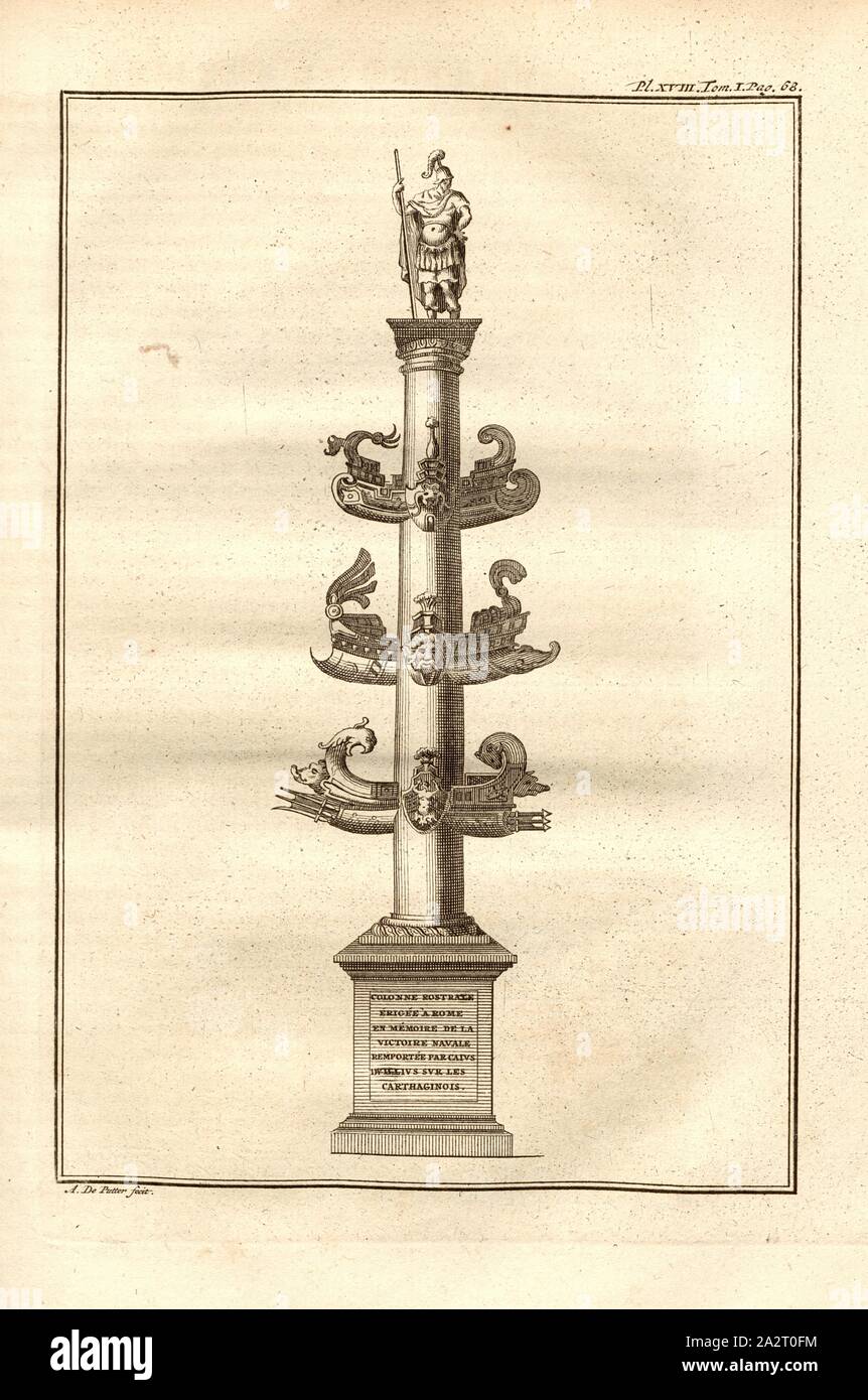 Monumento romano, monumento romano per la vittoria dei Romani sotto Gaio Duilius nella battaglia navale contro i Cartaginesi, firmato: A. De Putter fecit, Pl. XVIII, Tom., I, PAG., 68, secondo p. 58, putter, A. de (fec.);, 1774, Polibio; Vincent Thuillier; Jean Charles de Folard: Histoire de Polybe. Tome 1; Amsterdam: Arkstée et Merkus, MDCCLXXIV [1774 Foto Stock