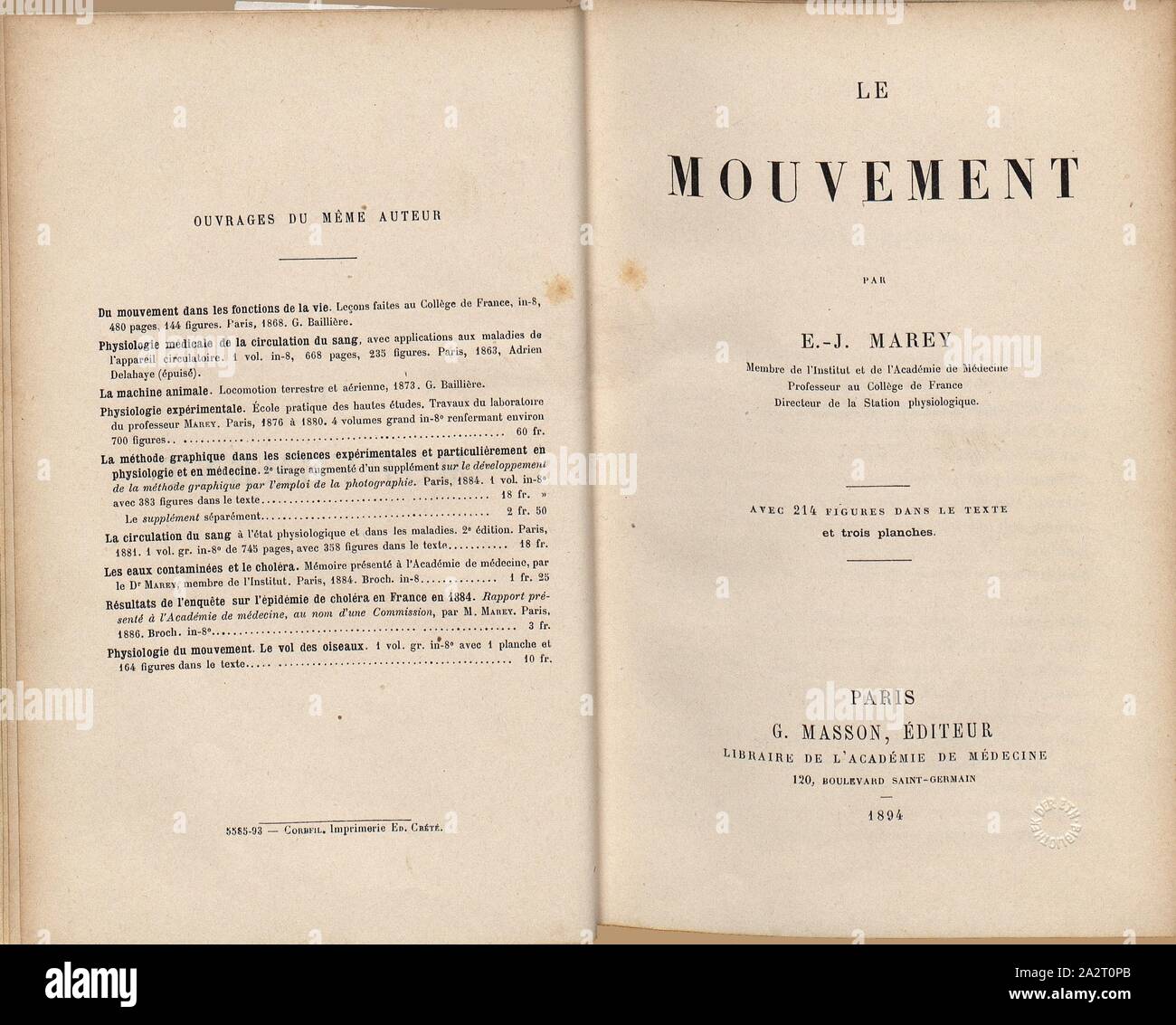 Titolo foglio per 'Le circolazione", pagina titolo, 1894, Etienne-Jules Marey: Le Mouvement. Parigi: G. Masson, 1894 Foto Stock