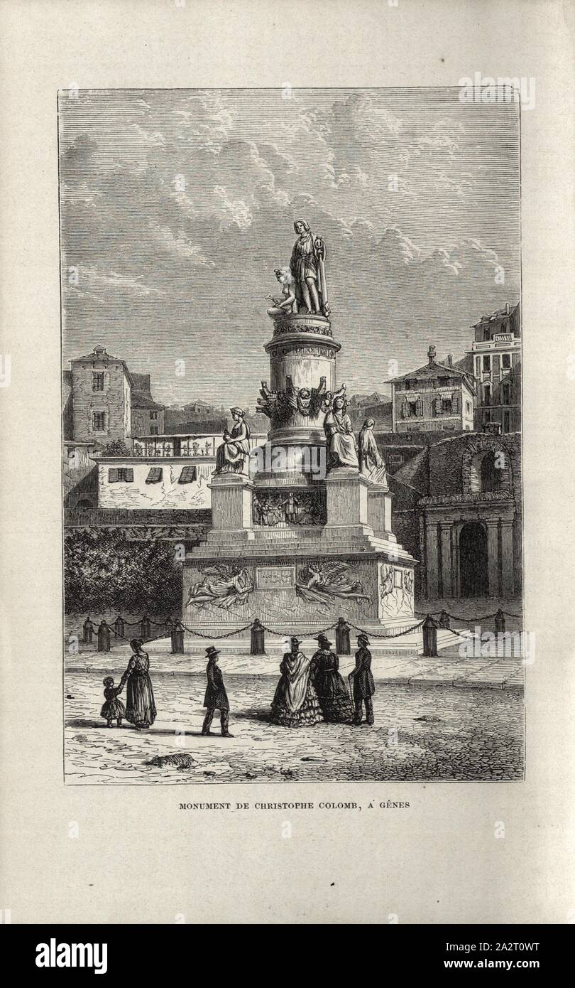 Il monumento di Colombo, a Genova, Monumento a Cristoforo Colombo di Genova, frontespizio (vol. 2), 1867, Louis Figuier : sapienti du moyen âge. Gheber, Mesué, Rhasès, Avicenna, Averroès, Abulcasis, Albert le Grand, Tommaso d'Aquin, Roger Bacon, Vincent de Beauvais, Arnauld de Villeneuve, Raymond Lulle, Guy de Chauliac, Gutenberg, Fust et Schoeffer, Christophe Colomb, Amèric Vespuce. Parigi: librairie internationale; à Bruxelles, à Leipzig & à Livourne, 1867 Foto Stock