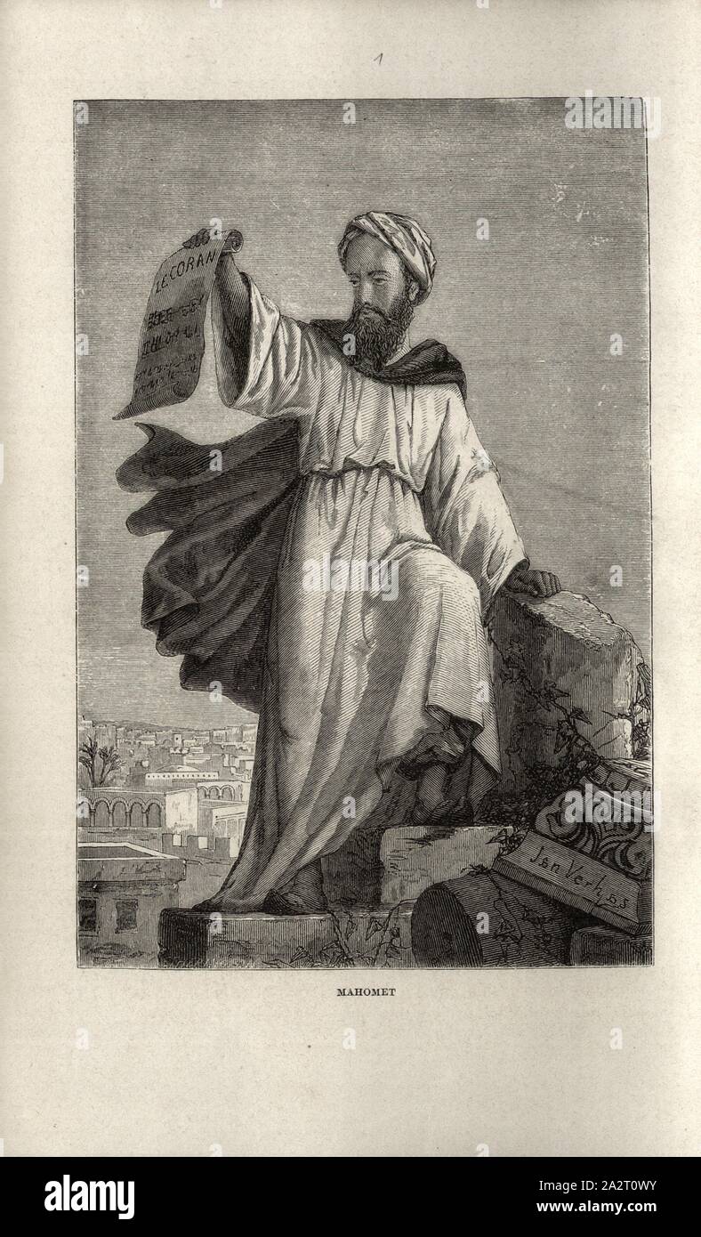 Mahomet, Mohamed figura di Voltaire, piastra 1, dopo S. III (Bd. 2), Verhas, Jan, 1867, Louis Figuier : sapienti du moyen âge. Gheber, Mesué, Rhasès, Avicenna, Averroès, Abulcasis, Albert le Grand, Tommaso d'Aquin, Roger Bacon, Vincent de Beauvais, Arnauld de Villeneuve, Raymond Lulle, Guy de Chauliac, Gutenberg, Fust et Schoeffer, Christophe Colomb, Amèric Vespuce. Parigi: librairie internationale; à Bruxelles, à Leipzig & à Livourne, 1867 Foto Stock