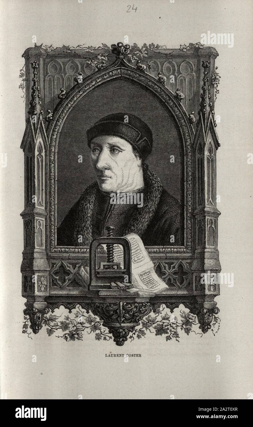 Laurent Coster, ritratto del piattello 24, dopo p. 326 (vol. 2), 1867, Louis Figuier : sapienti du moyen âge. Gheber, Mesué, Rhasès, Avicenna, Averroès, Abulcasis, Albert le Grand, Tommaso d'Aquin, Roger Bacon, Vincent de Beauvais, Arnauld de Villeneuve, Raymond Lulle, Guy de Chauliac, Gutenberg, Fust et Schoeffer, Christophe Colomb, Amèric Vespuce. Parigi: librairie internationale; à Bruxelles, à Leipzig & à Livourne, 1867 Foto Stock