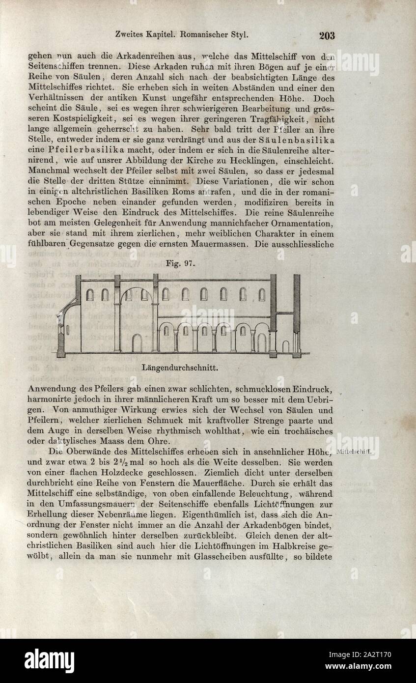Intersezione longitudinale della chiesa a Hecklingen, architettura romanica, fig. 97, p. 203, Wilhelm Lübke: Geschichte Der Architektur von den ältesten Zeiten bis auf die Gegenwart. Lipsia: Verlag von Emil Graul, 1855 Foto Stock