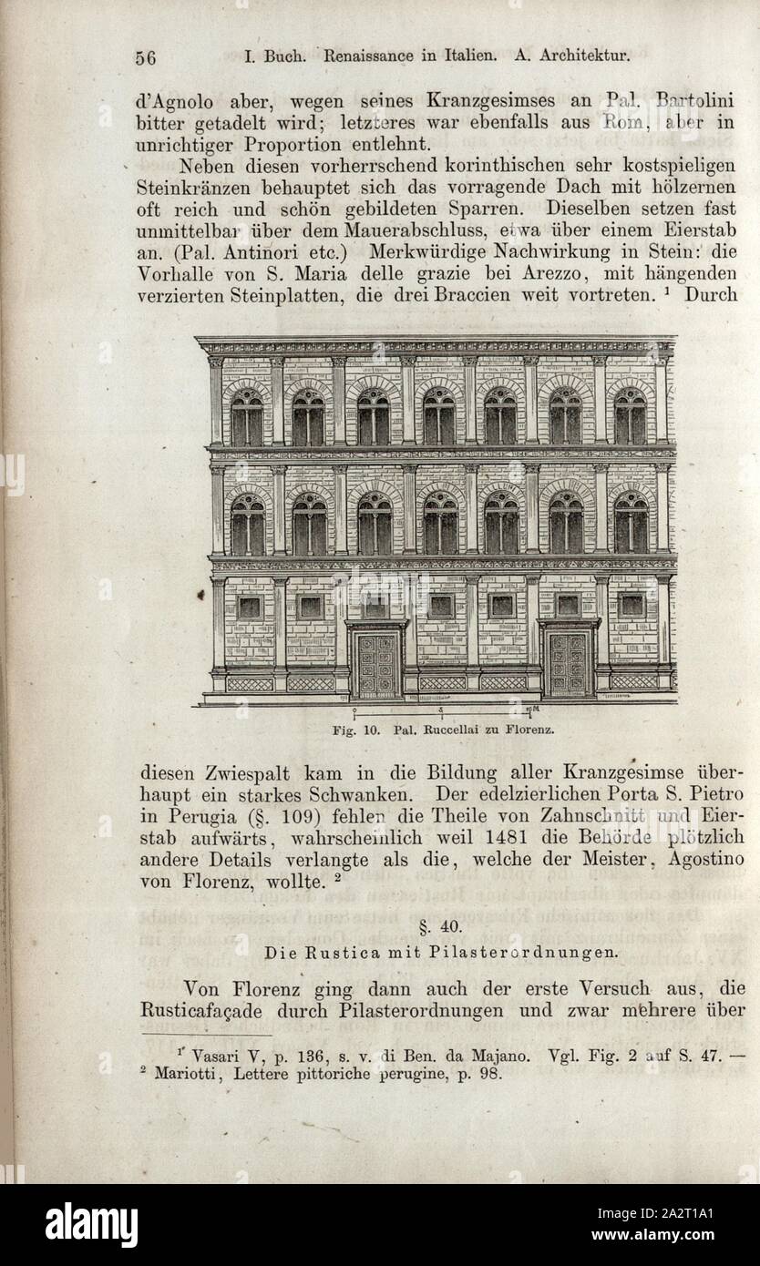 Pal. Ruccellai a Firenze, facciata di Palazzo Rucellai, di Firenze, Fig. 10, p. 56, 1867, Jacob Burckhardt; Wilhelm Lübke: Geschichte der neueren Baukunst. Stoccarda: Verlag von Ebner & Seubert, 1867 Foto Stock