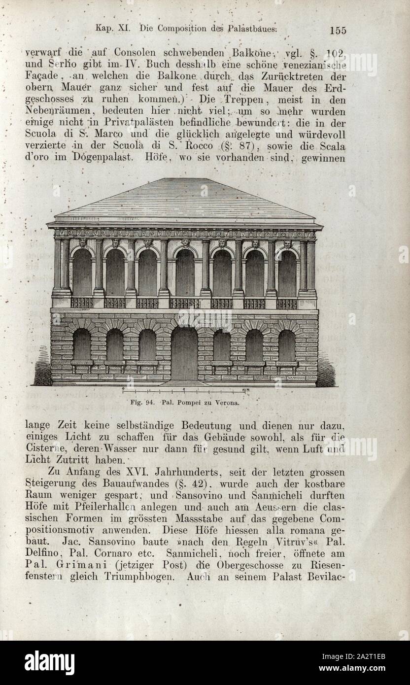Pompei Palace a Verona, Fig. 94, p. 155, 1867, Jacob Burckhardt; Wilhelm Lübke: Geschichte der neueren Baukunst. Stoccarda: Verlag von Ebner & Seubert, 1867 Foto Stock