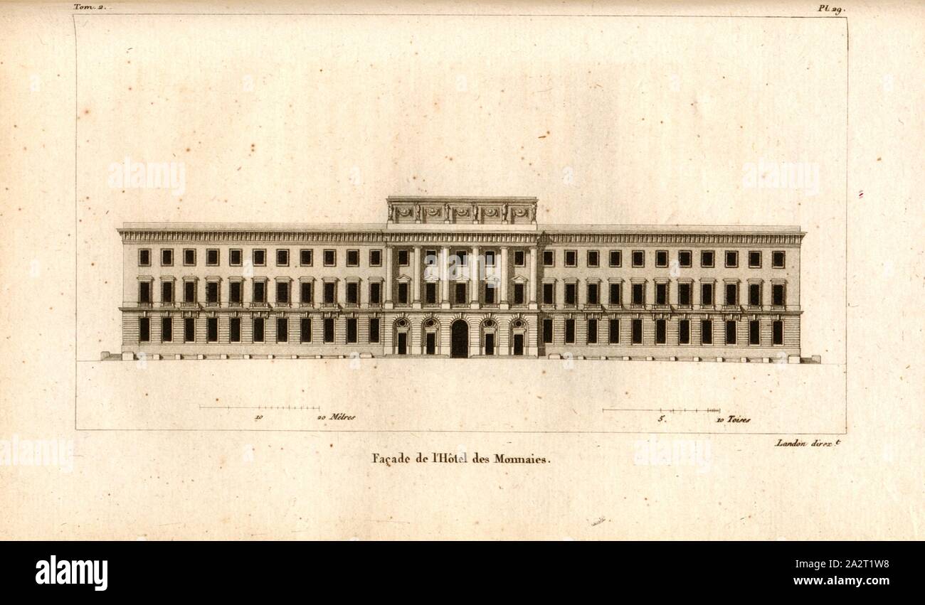 La facciata della menta, facciata dell'Hôtel de la Monnaie di Parigi, Pl. 29, dopo p. 104, p. 165, Landon (direxit), J. G. Legrand; C. P. Landon: Descrizione de Paris et de ses édifices: avec onu précis historique et des osservazioni sur le caractère de leur architettura, et sur les principaux objets d'art et de curiosité qu'ils renferment. Seconde édition, corrigée avec soin dans toutes ses parti, et considérablement augmentée. Bd. 2. Parigi. Strasburgo. Treuttel et Würtz, 1818 Foto Stock