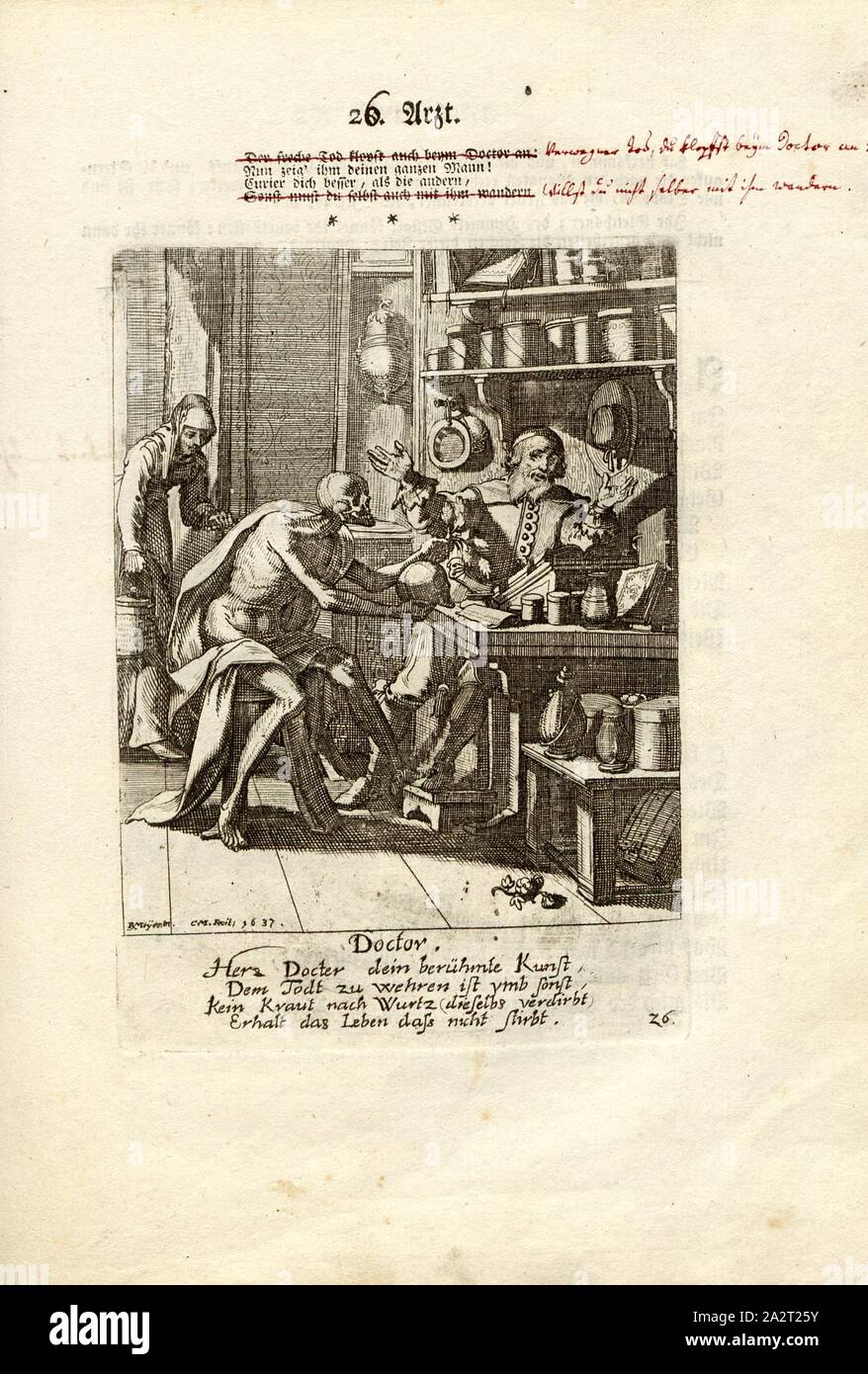 Ventiseiesima medico, la morte e il medico, firmato: R. Meyer, C. M. Fecit, TAF. 30, p. 60, Meyer, Rudolf (inv.); Meyer, Conrad (fec.), Rudolf Meyer; Conrad Meyer: Die menschliche Sterblichkeit unter dem Titel Todten-Tanz [...]. Amburgo; Lipsia: [s. n.]. 1759 Foto Stock