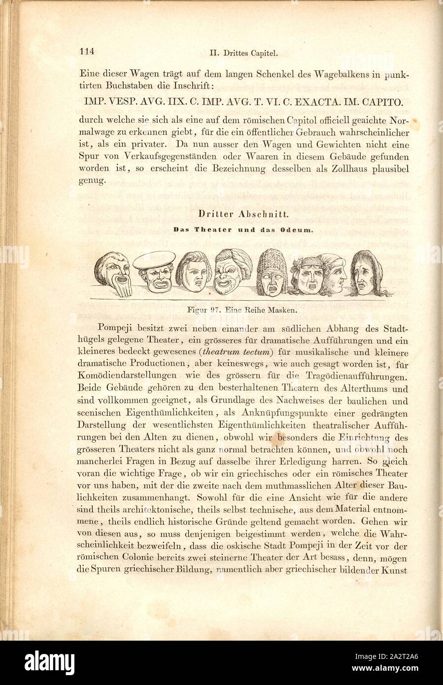 Una serie di maschere, varie maschere teatrali, Fig. 97, p. 114, 1856, Johannes Overbeck: Pompei in seinen Gebäuden, Alterthümern und Kunstwerken [...]. Lipsia: Verlag von Wilhelm Engelmann, 1856 Foto Stock