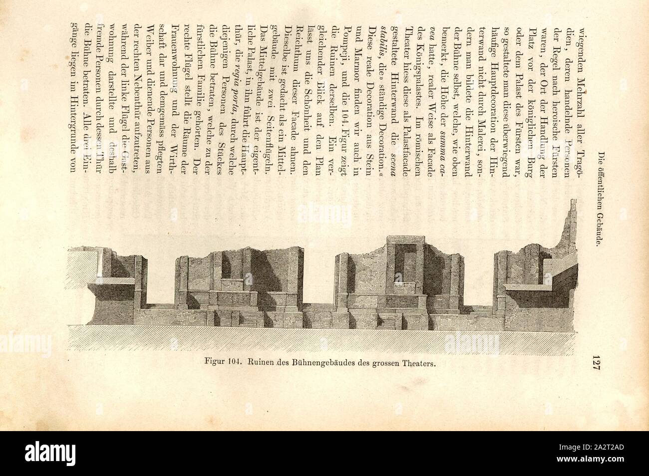 Rovine dell'edificio stadio del grande teatro, vista rovine dell'edificio stadio del Teatro Grande di Pompei, Fig. 104, p. 127, 1856, Johannes Overbeck: Pompei in seinen Gebäuden, Alterthümern und Kunstwerken [...]. Lipsia: Verlag von Wilhelm Engelmann, 1856 Foto Stock