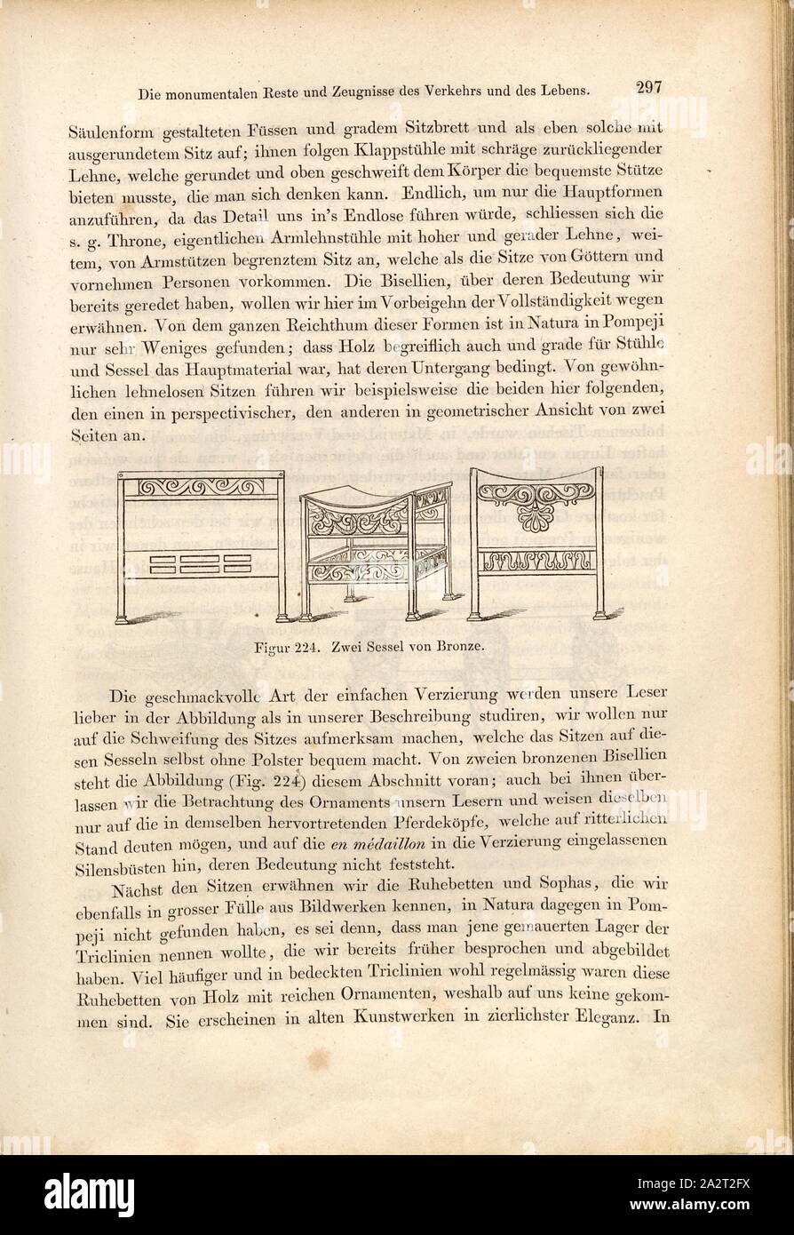 Due poltrone di bronzo, Bisellia, Fig. 224, p. 297, 1856, Johannes Overbeck: Pompei in seinen Gebäuden, Alterthümern und Kunstwerken [...]. Lipsia: Verlag von Wilhelm Engelmann, 1856 Foto Stock