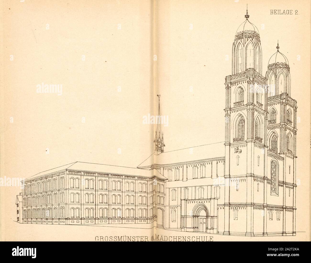 Grossmünster, Grossmünster e educandato, p. 108, Schweizerischer Ingenieur und Architekten-Verein: Zurigo Gebäude und Sehenswürdigkeiten. Beschreibung der Stadt (...). Zurigo: bei Orell Füssli & Co., 1877 Foto Stock