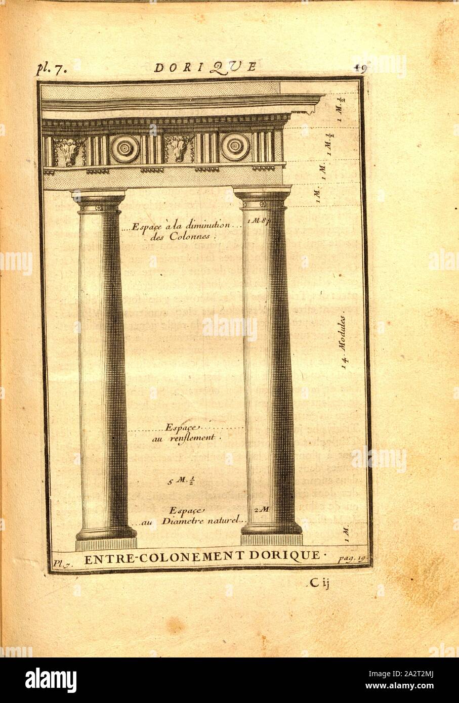 Between-Doric, ordine dorico della colonna, Pl. 7, p. 19, 1720, Augustin-Charles d'Aviler: Cours d'architettura: qui comprend les ordres de Vignole, avec des commentaires, les le figure e le descrizioni de ses plus beaux bâtimens, & de ceux de Michel-Ange, plusieurs nouveaux desseins, ornemens & préceptes, contenant la distribuzione, la décoration, la matière & la construction des édifices, la maçonnerie, la charpenterie, la copertura, la serrurerie, la menuiserie, le jardinage & tout ce qui regarde l'art de bâtir: avec une ampia spiegazione par ordre alphabetique de tous les termes. A Parigi: Chez Foto Stock