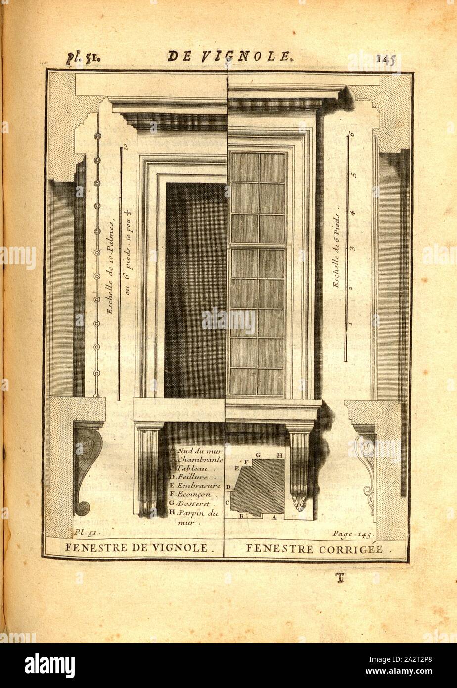 Finestra di cantina e corretta finestra, la finestra del Palazzo del Vignola e migliorata versione, pl. 51, p. 145, 1720, Augustin-Charles d'Aviler: Cours d'architettura: qui comprend les ordres de Vignole, avec des commentaires, les le figure e le descrizioni de ses plus beaux bâtimens, & de ceux de Michel-Ange, plusieurs nouveaux desseins, ornemens & préceptes, contenant la distribuzione, la décoration, la matière & la construction des édifices, la maçonnerie, la charpenterie, la copertura, la serrurerie, la menuiserie, le jardinage & tout ce qui regarde l'art de bâtir: avec une ampia spiegazione par Foto Stock