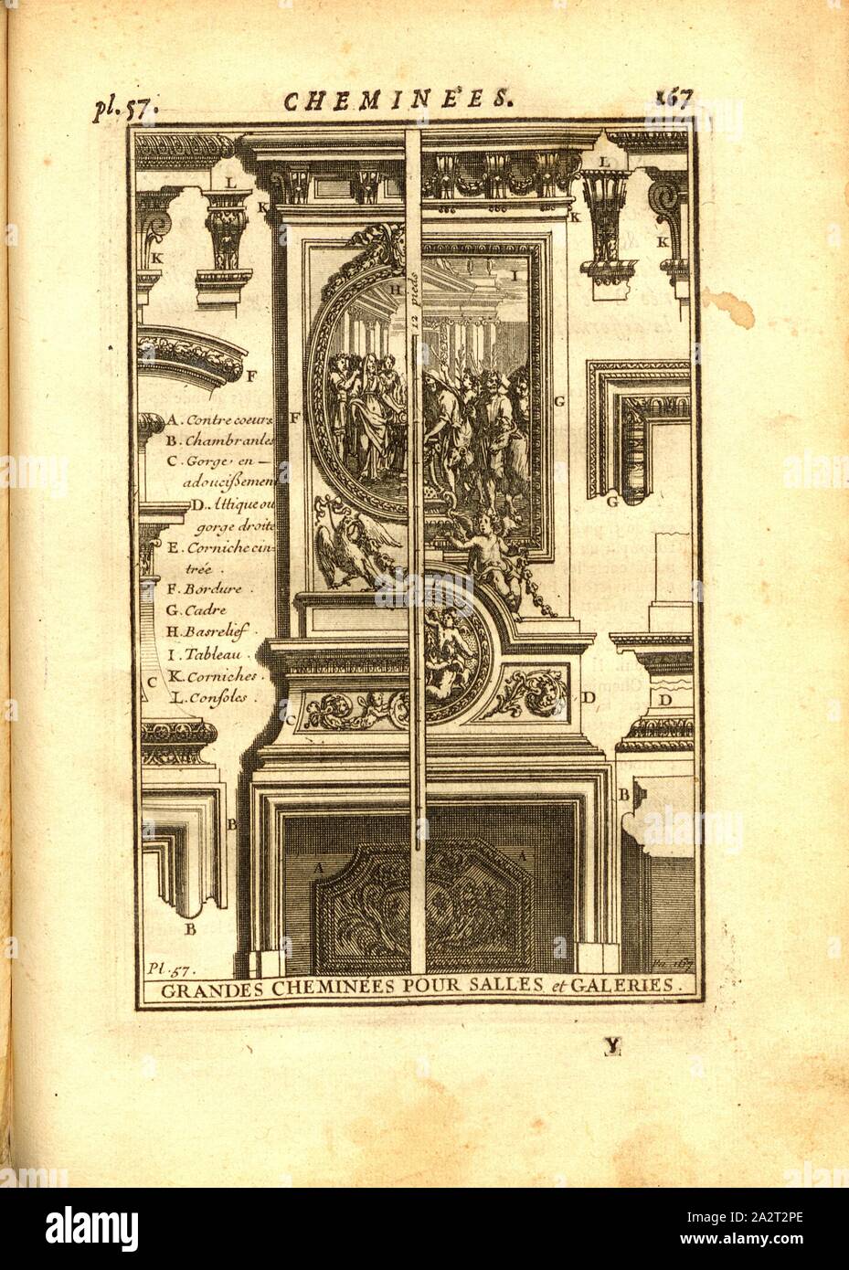 Grandi camini per camere e gallerie, camini aperti, Pl. 57, p. 167, 1720, Augustin-Charles d'Aviler: Cours d'architettura: qui comprend les ordres de Vignole, avec des commentaires, les le figure e le descrizioni de ses plus beaux bâtimens, & de ceux de Michel-Ange, plusieurs nouveaux desseins, ornemens & préceptes, contenant la distribuzione, la décoration, la matière & la construction des édifices, la maçonnerie, la charpenterie, la copertura, la serrurerie, la menuiserie, le jardinage & tout ce qui regarde l'art de bâtir: avec une ampia spiegazione par ordre alphabetique de tous Foto Stock
