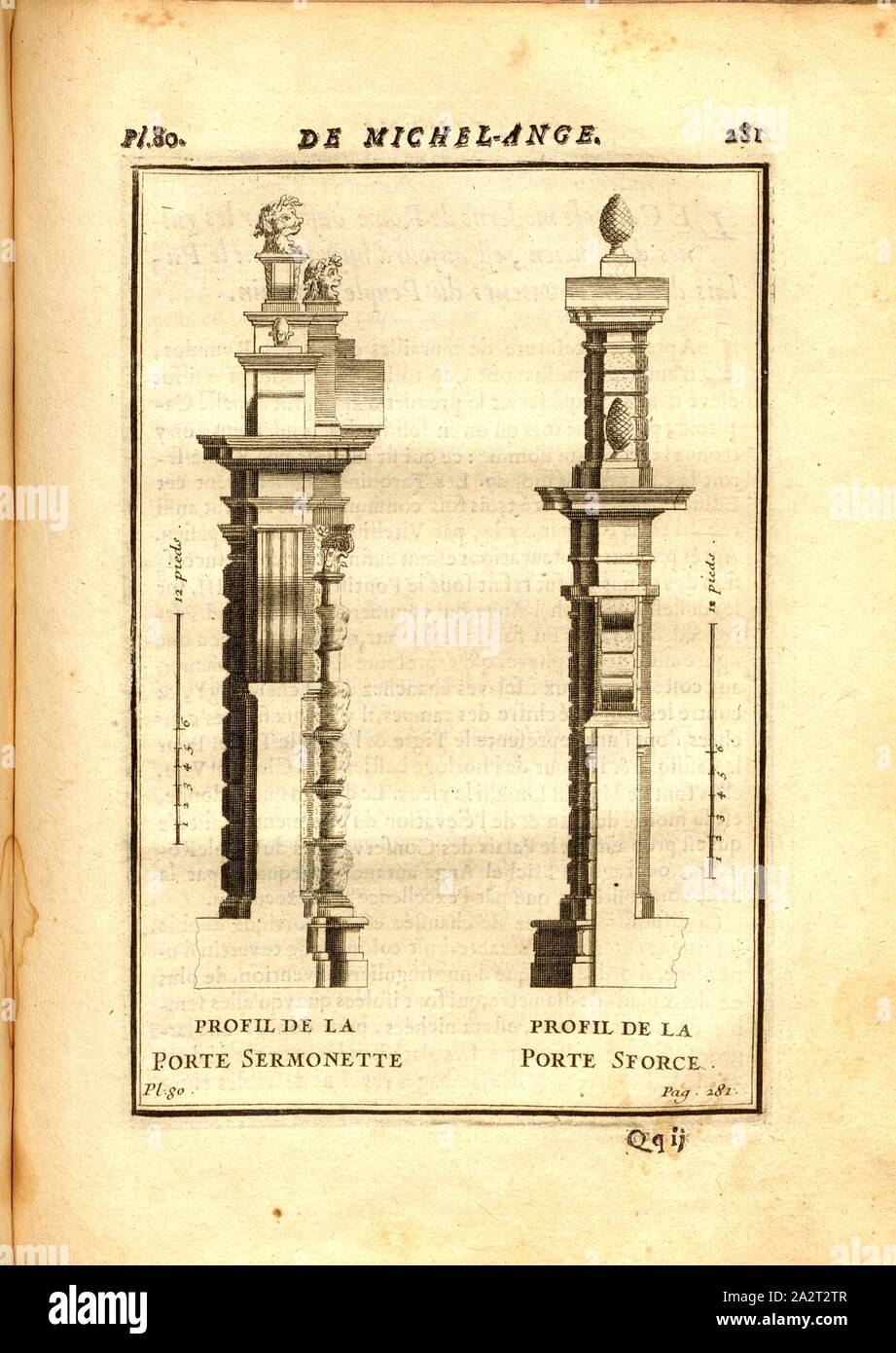 Profilo de la porte Sermonette e Sforce, vista di lato di un garden gate e la gate del vigneto, Pl. 80, p. 281, 1720, Augustin-Charles d'Aviler: Cours d'architettura: qui comprend les ordres de Vignole, avec des commentaires, les le figure e le descrizioni de ses plus beaux bâtimens, & de ceux de Michel-Ange, plusieurs nouveaux desseins, ornemens & préceptes, contenant la distribuzione, la décoration, la matière & la construction des édifices, la maçonnerie, la charpenterie, la copertura, la serrurerie, la menuiserie, le jardinage & tout ce qui regarde l'art de bâtir: avec une ampia spiegazione par ordre Foto Stock